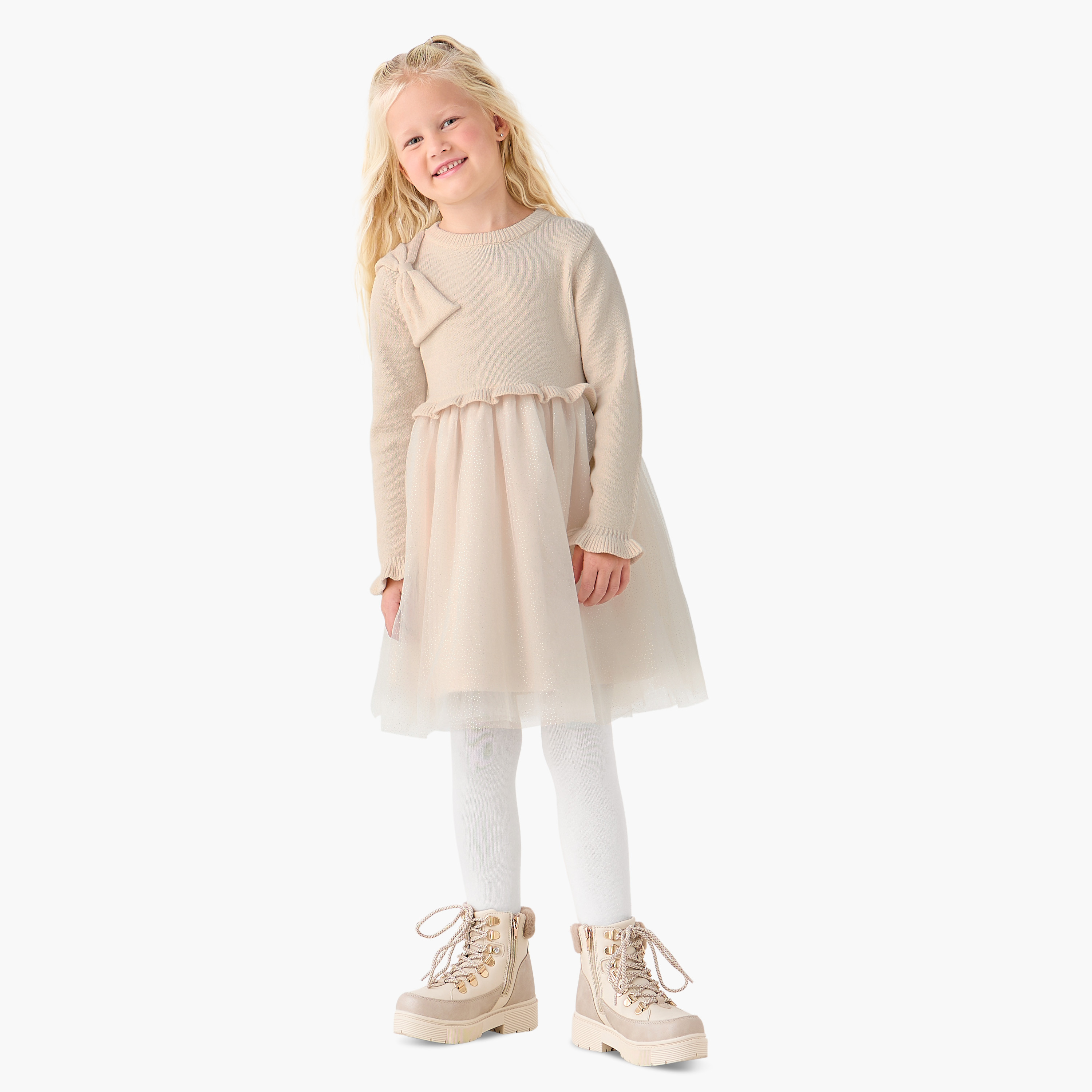 Juniors Round Neck Long Sleeves Knee Length Dress with Bow Detail-girls-clothing-dressesandjumpsuits-image-1