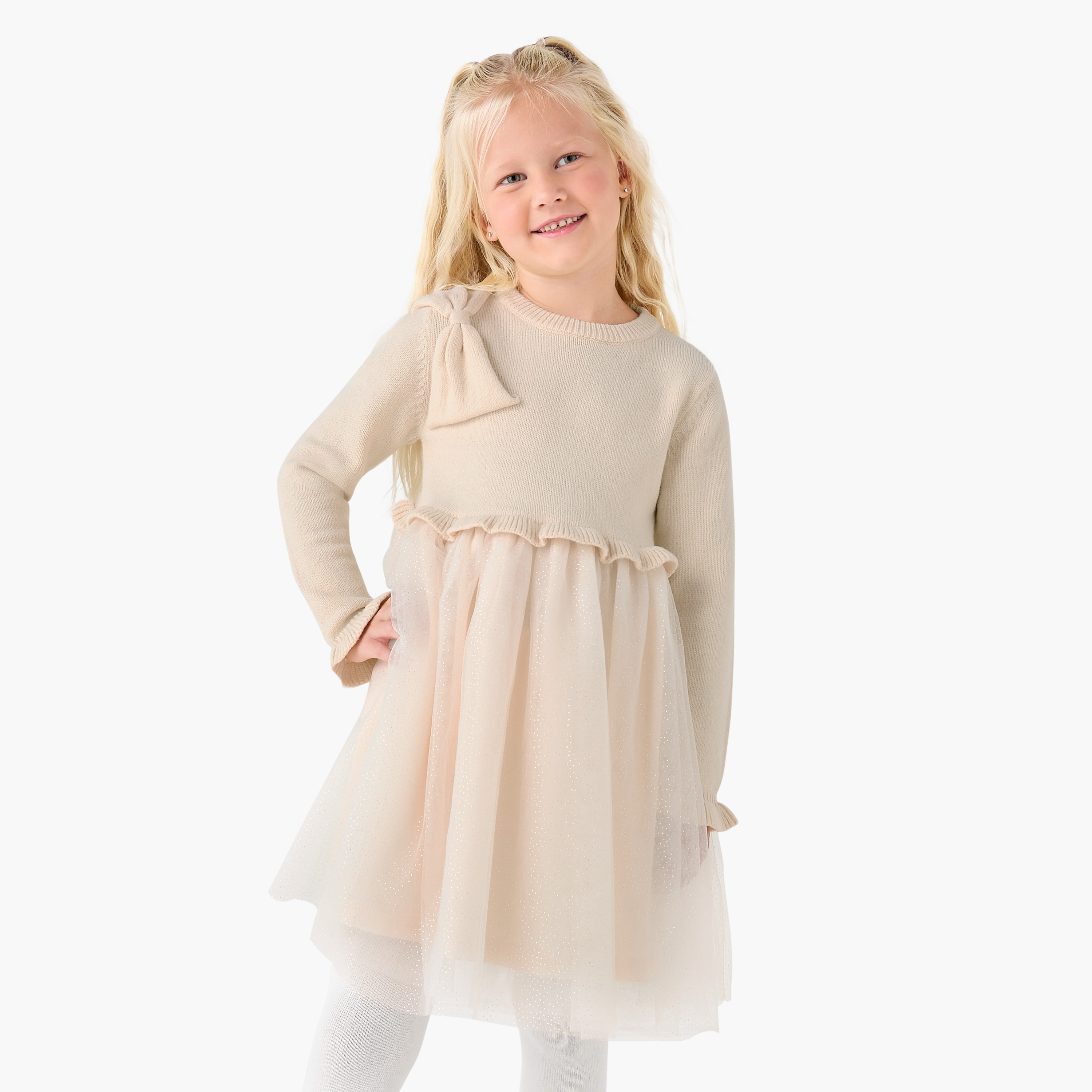 Juniors Round Neck Long Sleeves Knee Length Dress with Bow Detail-girls-clothing-dressesandjumpsuits-image-2