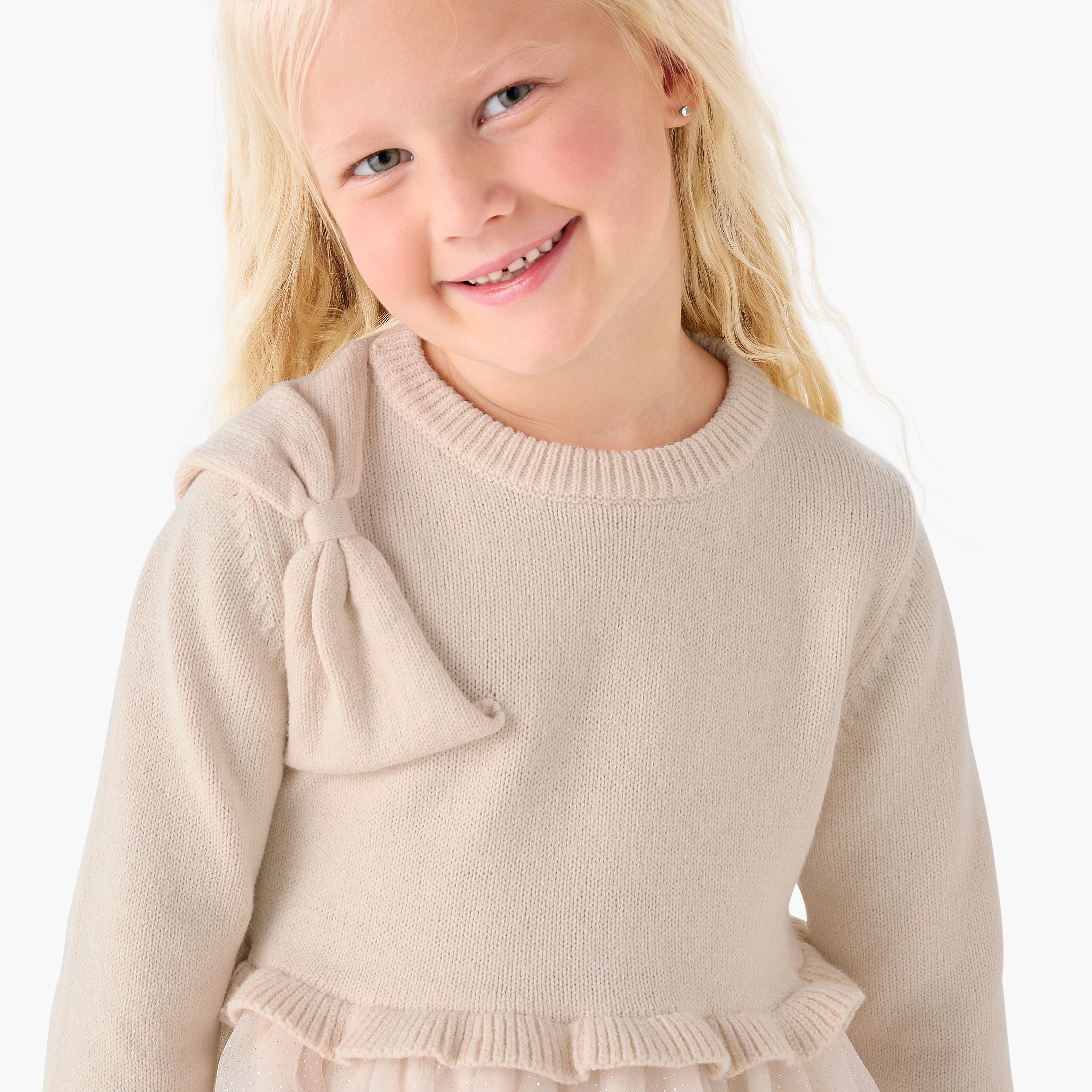 Juniors Round Neck Long Sleeves Knee Length Dress with Bow Detail-girls-clothing-dressesandjumpsuits-image-5