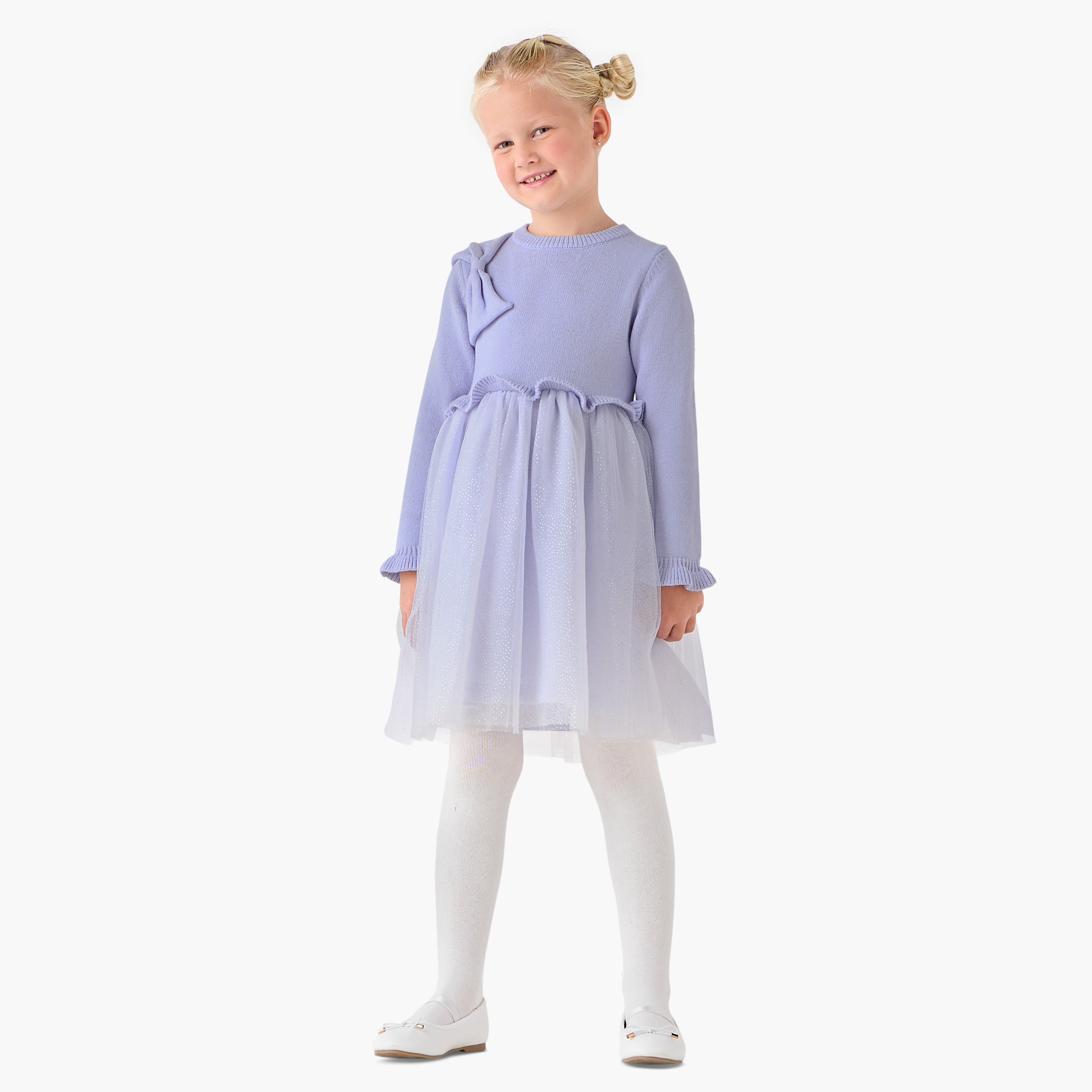 Juniors Round Neck Long Sleeves Knee Length Dress with Bow Detail-girls-clothing-dressesandjumpsuits-image-1