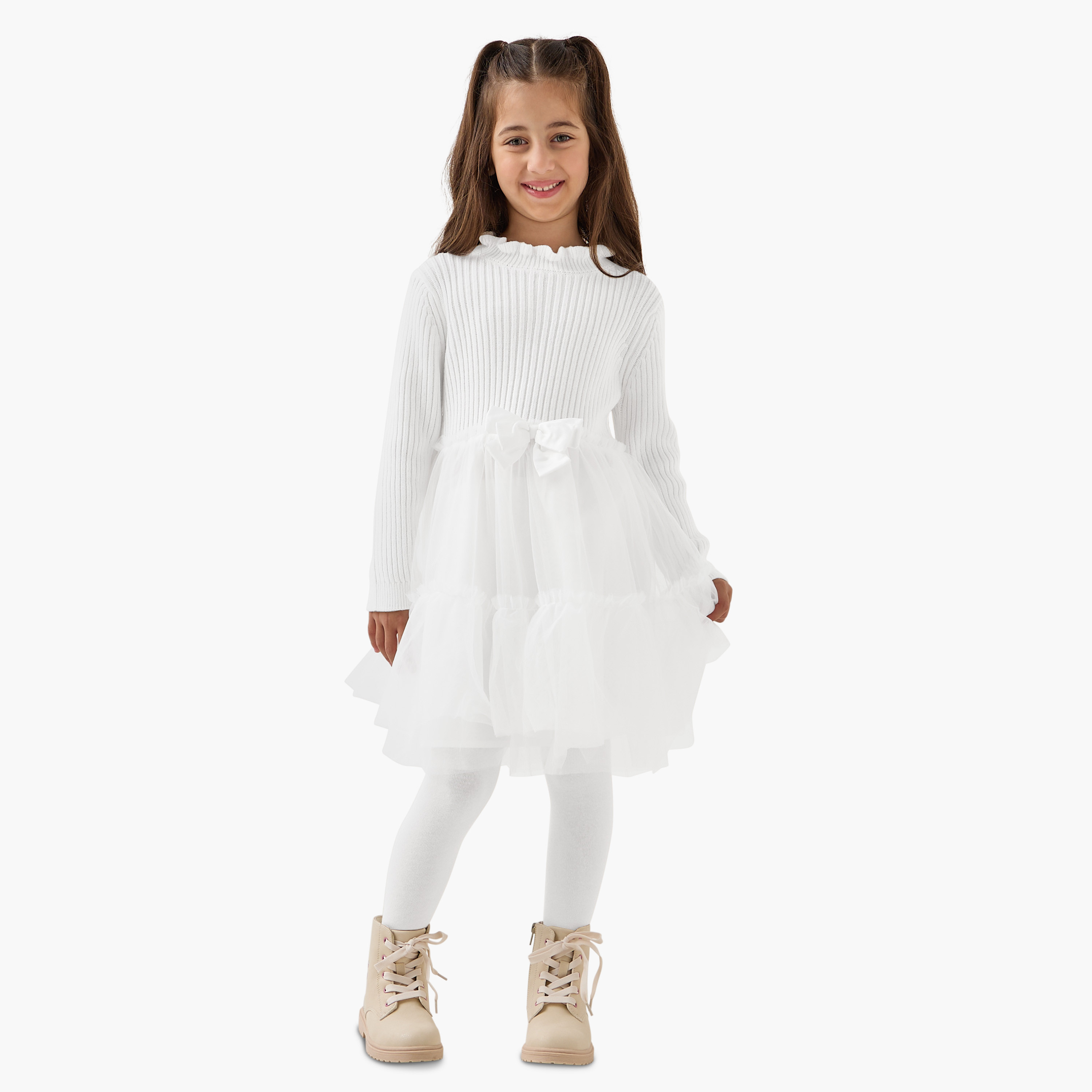 Juniors Ribbed Tulle Dress with Tights-girls-clothing-winterwear-dresses-image-1