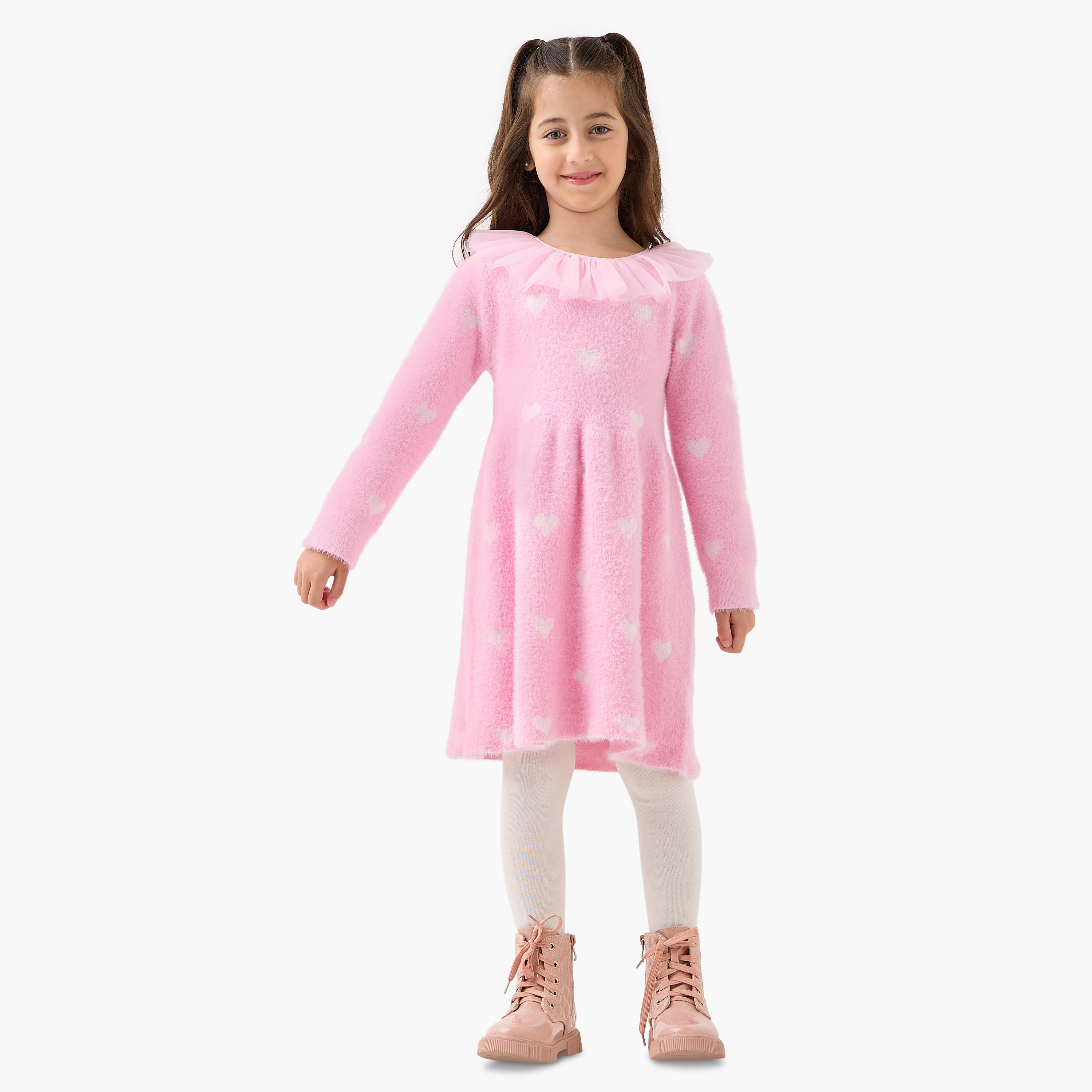 Juniors Heart Print Dress with Tights-girls-clothing-winterwear-dresses-image-1