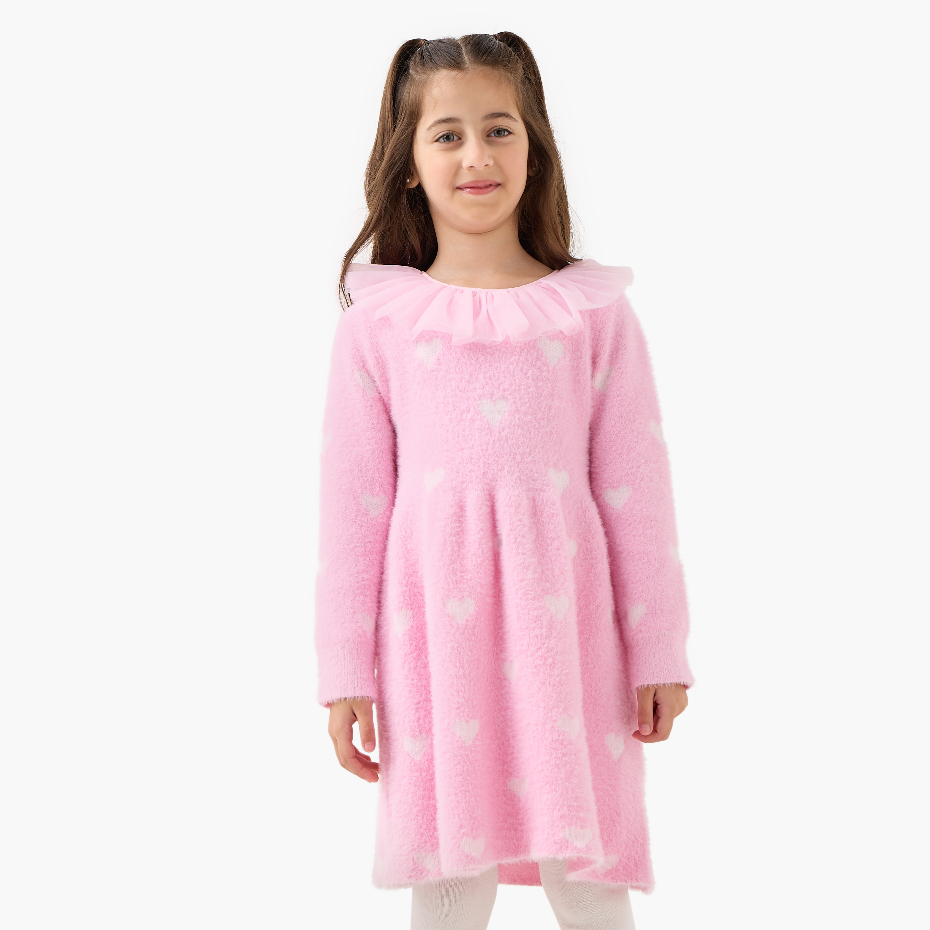 Juniors Heart Print Dress with Tights-girls-clothing-winterwear-dresses-image-2
