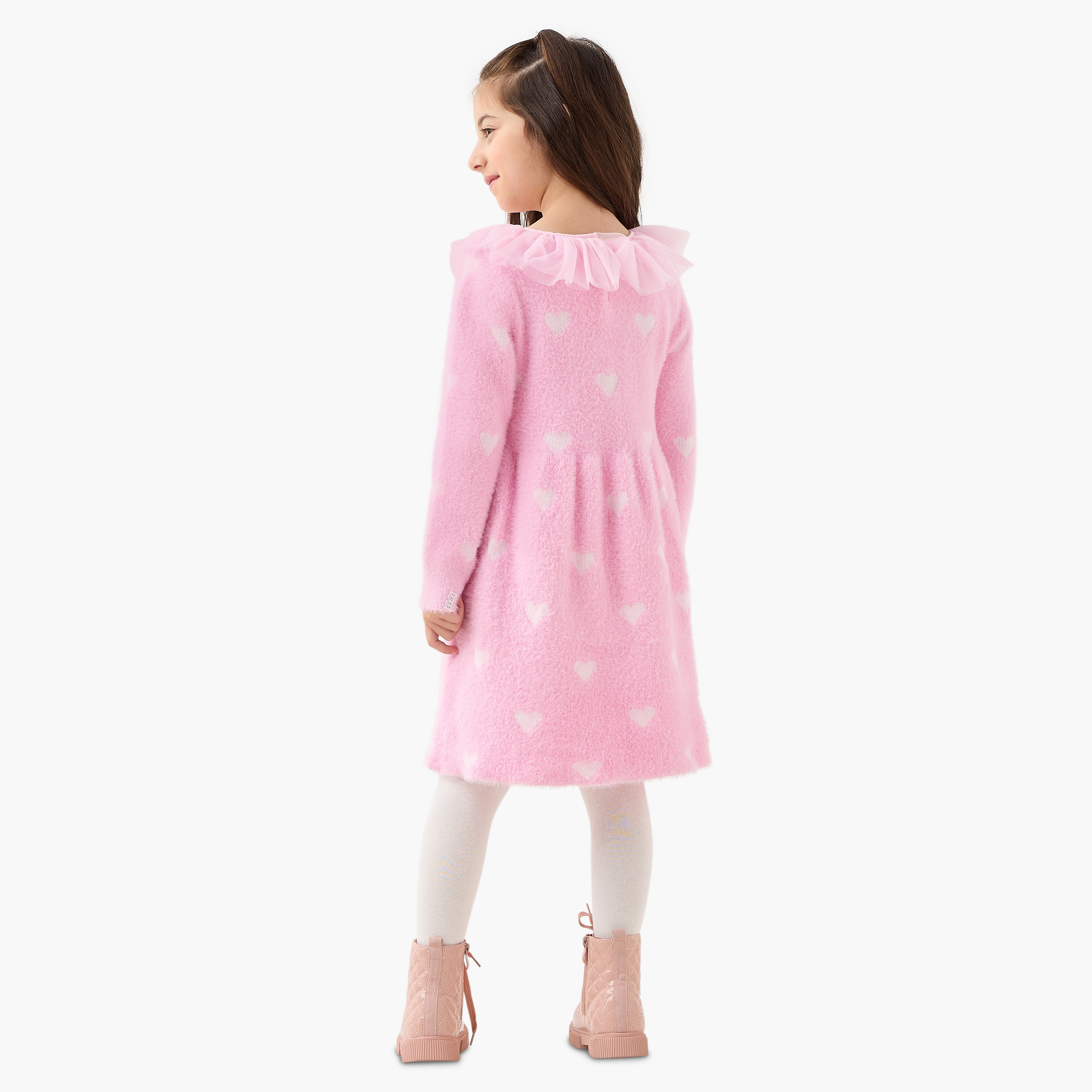 Juniors Heart Print Dress with Tights-girls-clothing-winterwear-dresses-image-4