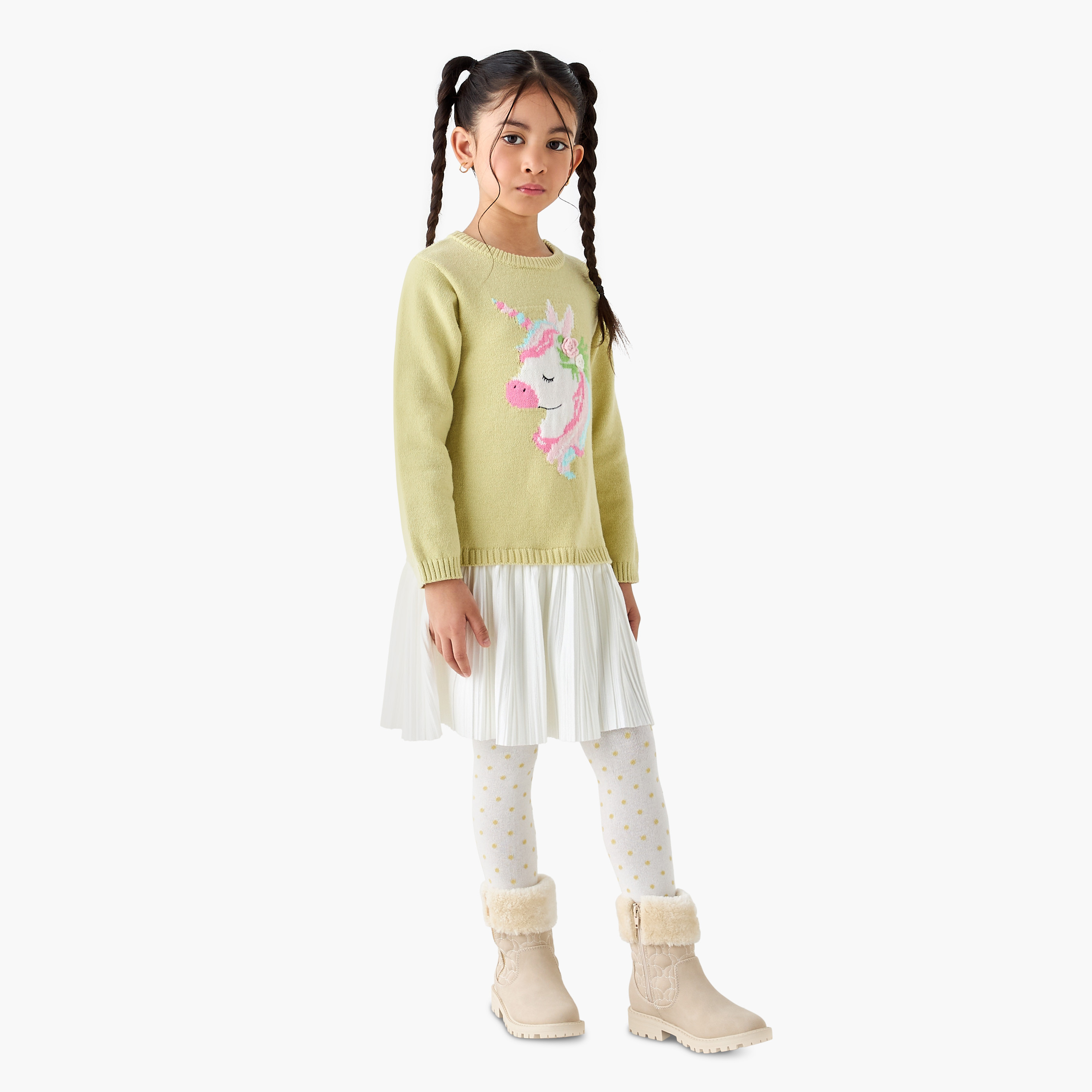 Juniors Unicorn Applique Sweater Dress with Polka Dot Tights-girls-clothing-dressesandjumpsuits-image-1