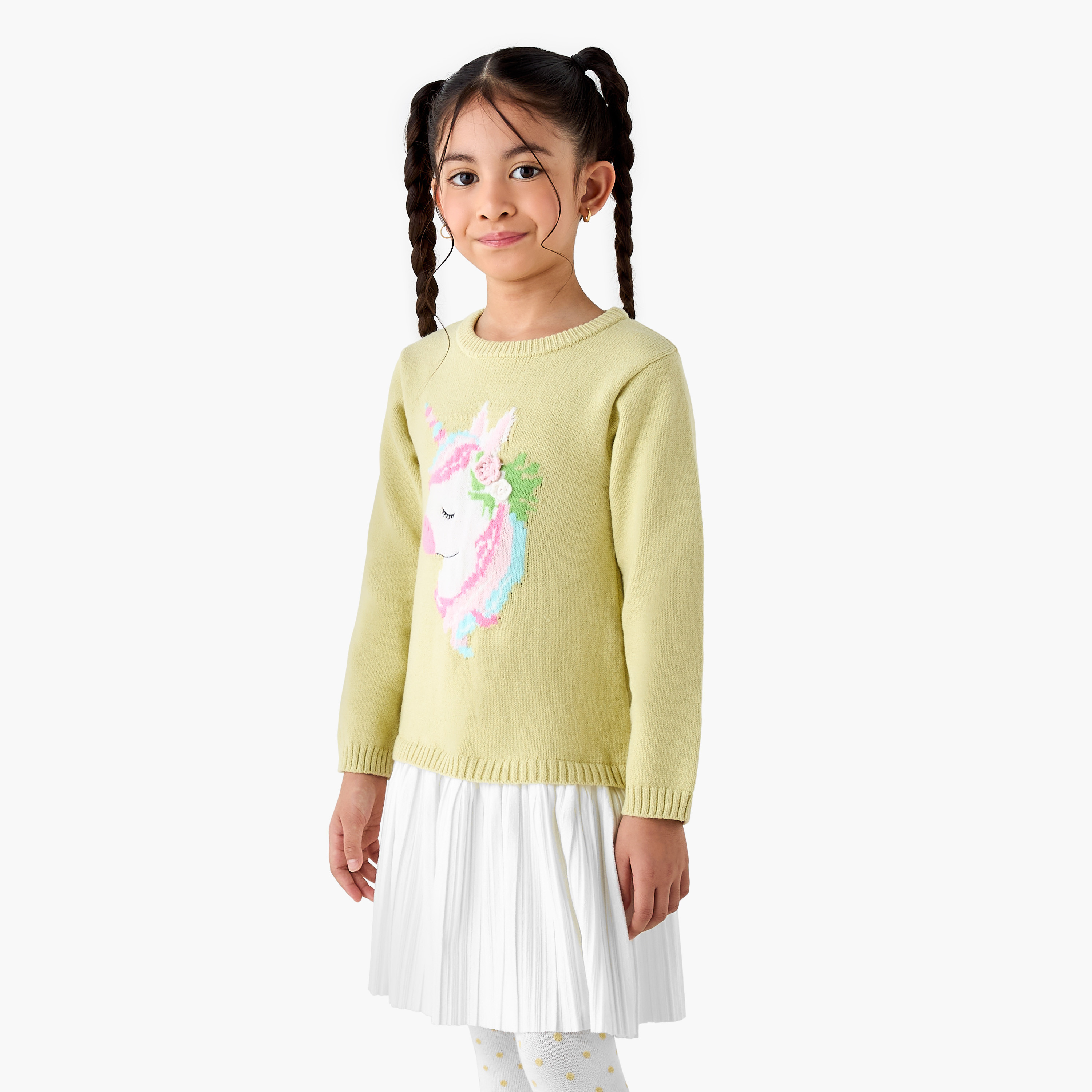Juniors Unicorn Applique Sweater Dress with Polka Dot Tights-girls-clothing-dressesandjumpsuits-image-2