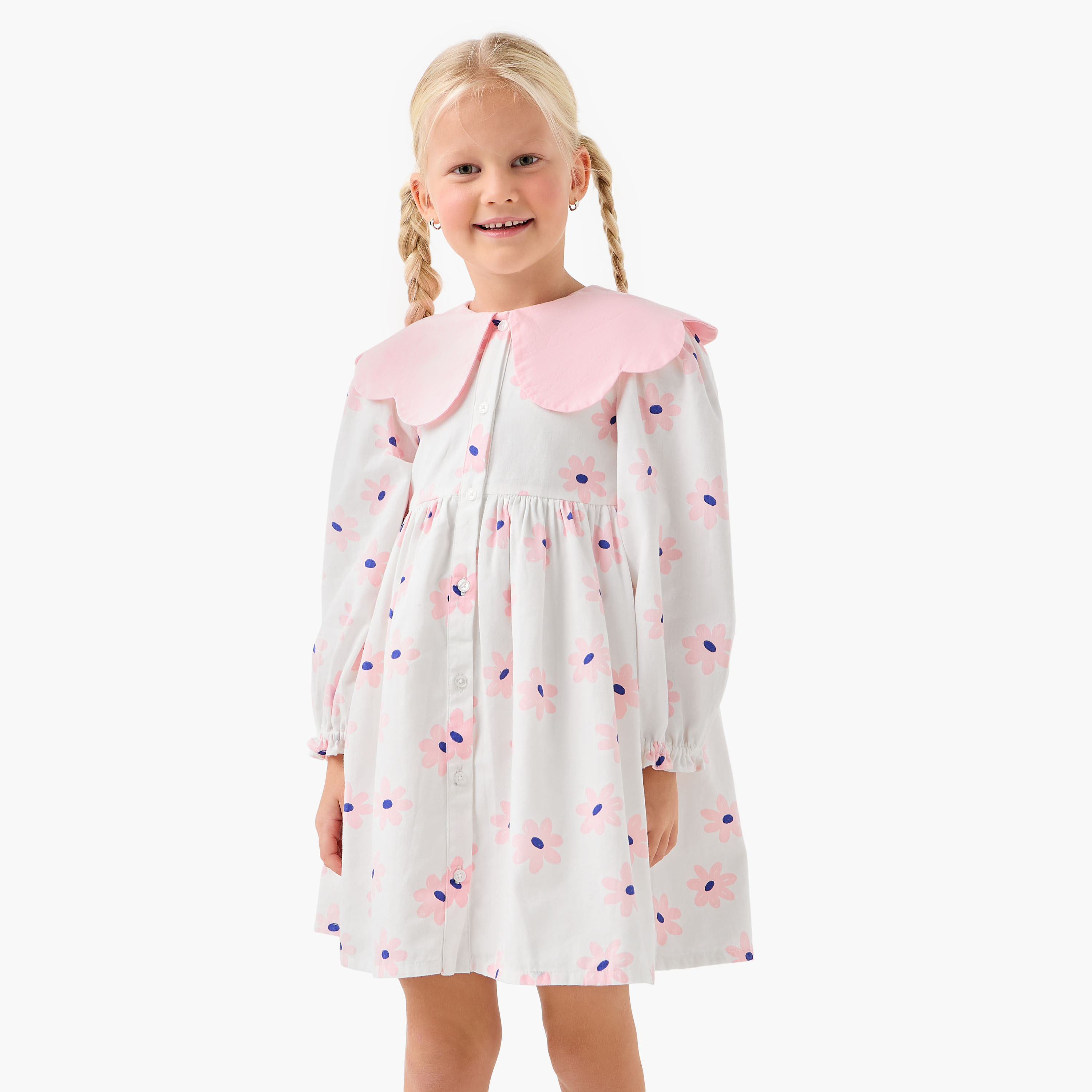 Juniors Peter Pan Collar Long Sleeves Knee Length Dress with Heart Print-girls-clothing-dressesandjumpsuits-image-1
