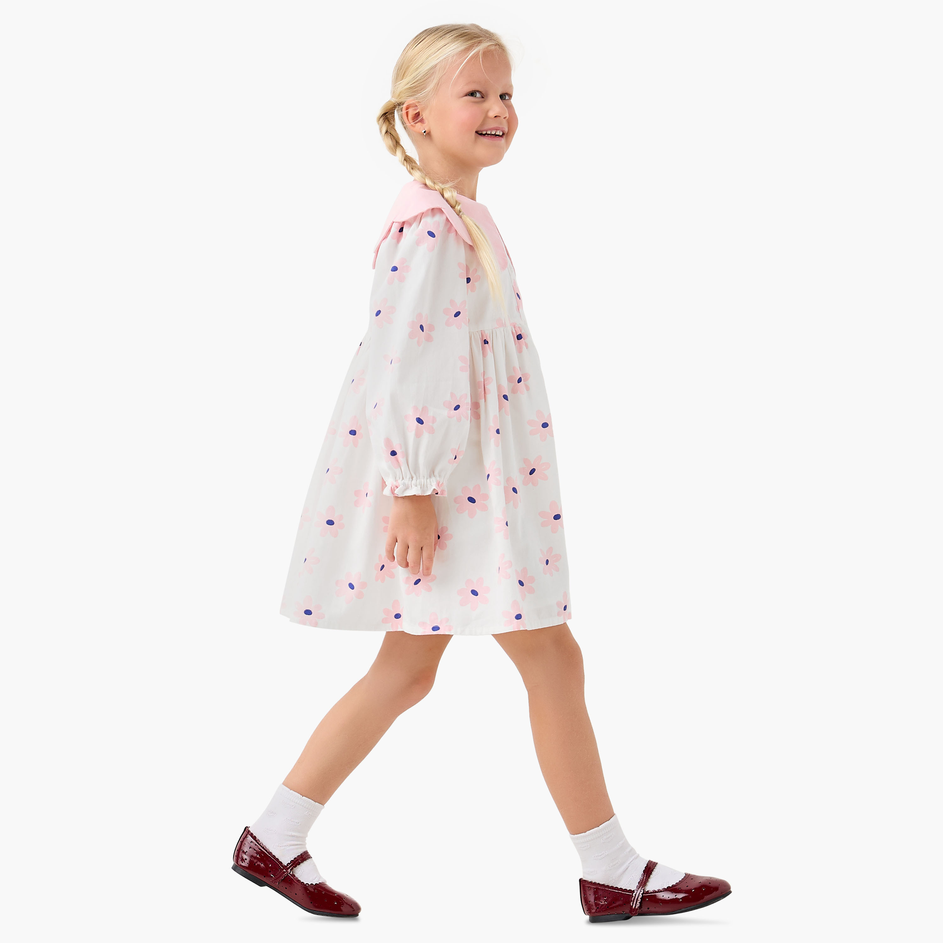 Juniors Peter Pan Collar Long Sleeves Knee Length Dress with Heart Print-girls-clothing-dressesandjumpsuits-image-2