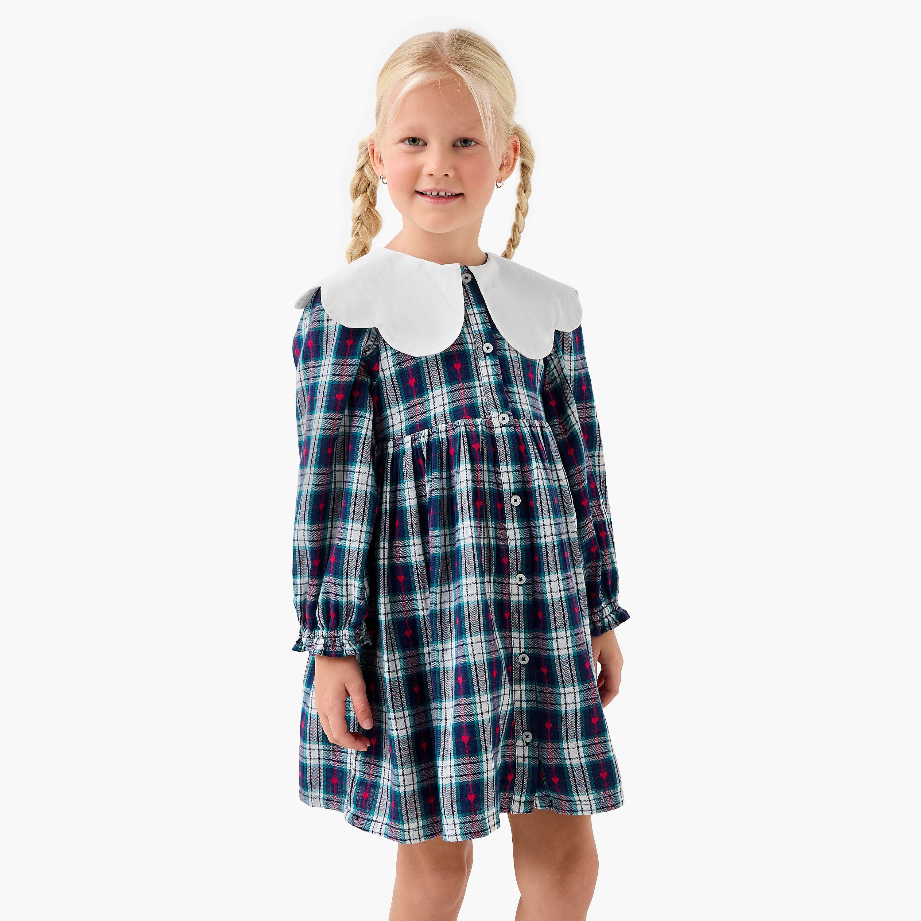 Juniors Peter Pan Collar Long Sleeves Knee Length Dress with Heart Print-girls-clothing-dressesandjumpsuits-image-1