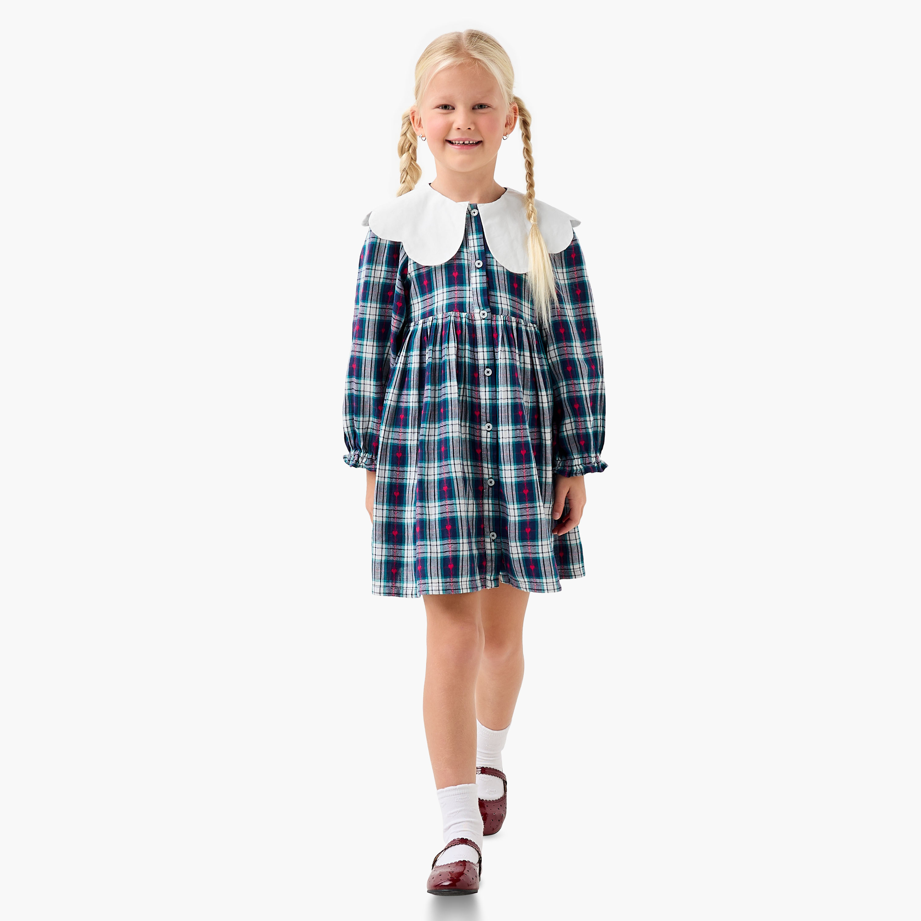 Juniors Peter Pan Collar Long Sleeves Knee Length Dress with Heart Print-girls-clothing-dressesandjumpsuits-image-2