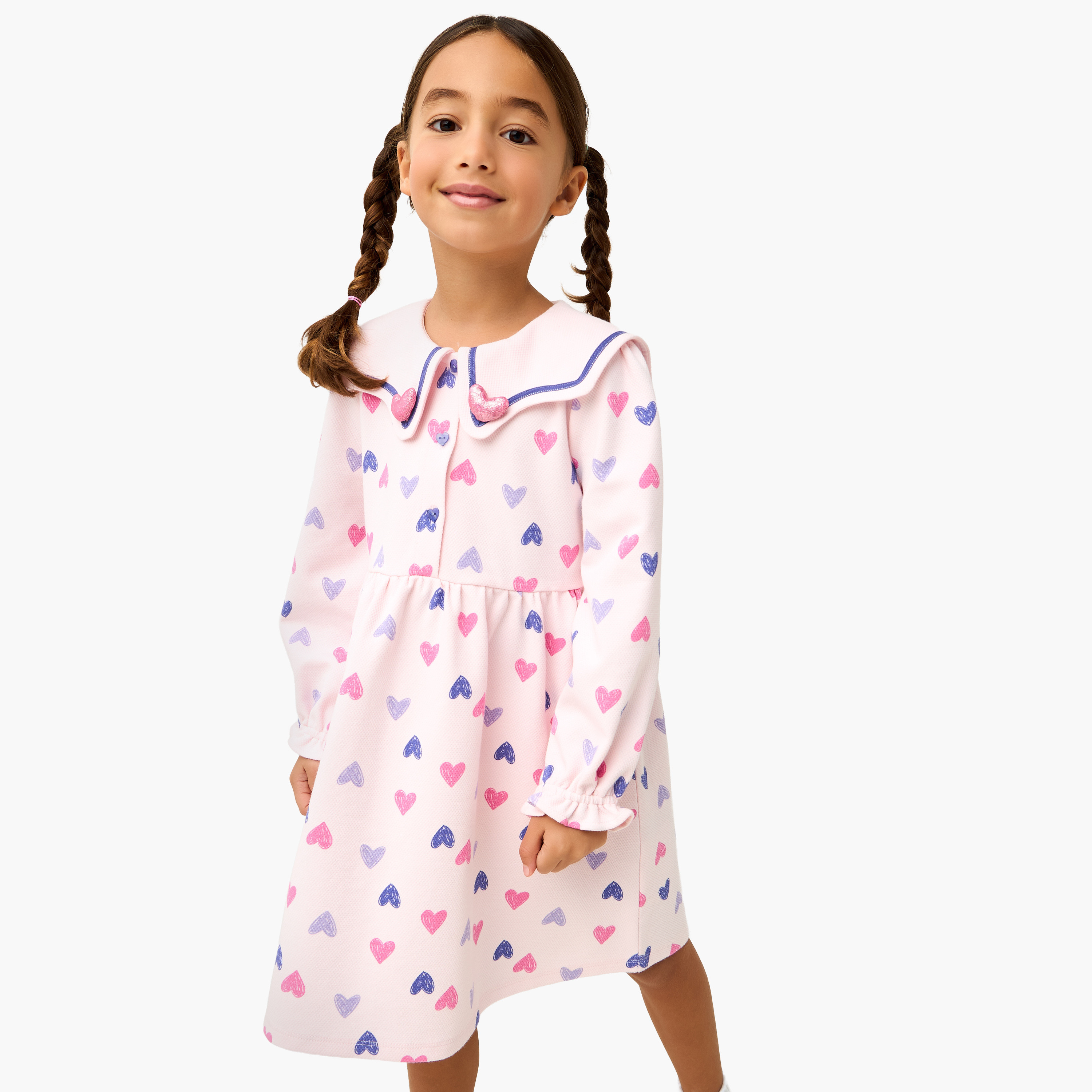 Juniors Sailor Collar Long Sleeves Dress with Heart Print-girls-clothing-dressesandjumpsuits-image-1