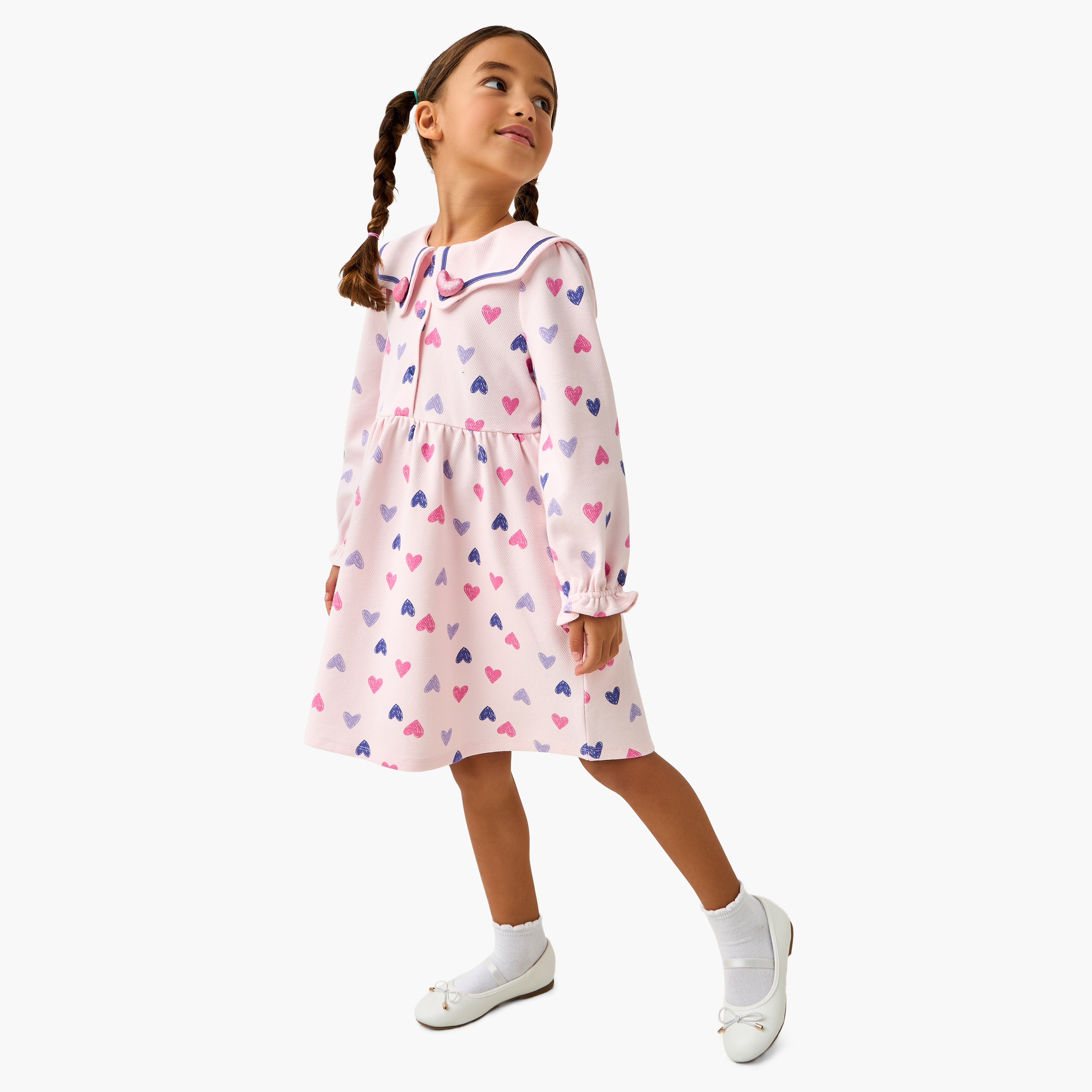 Juniors Sailor Collar Long Sleeves Dress with Heart Print-girls-clothing-dressesandjumpsuits-image-2
