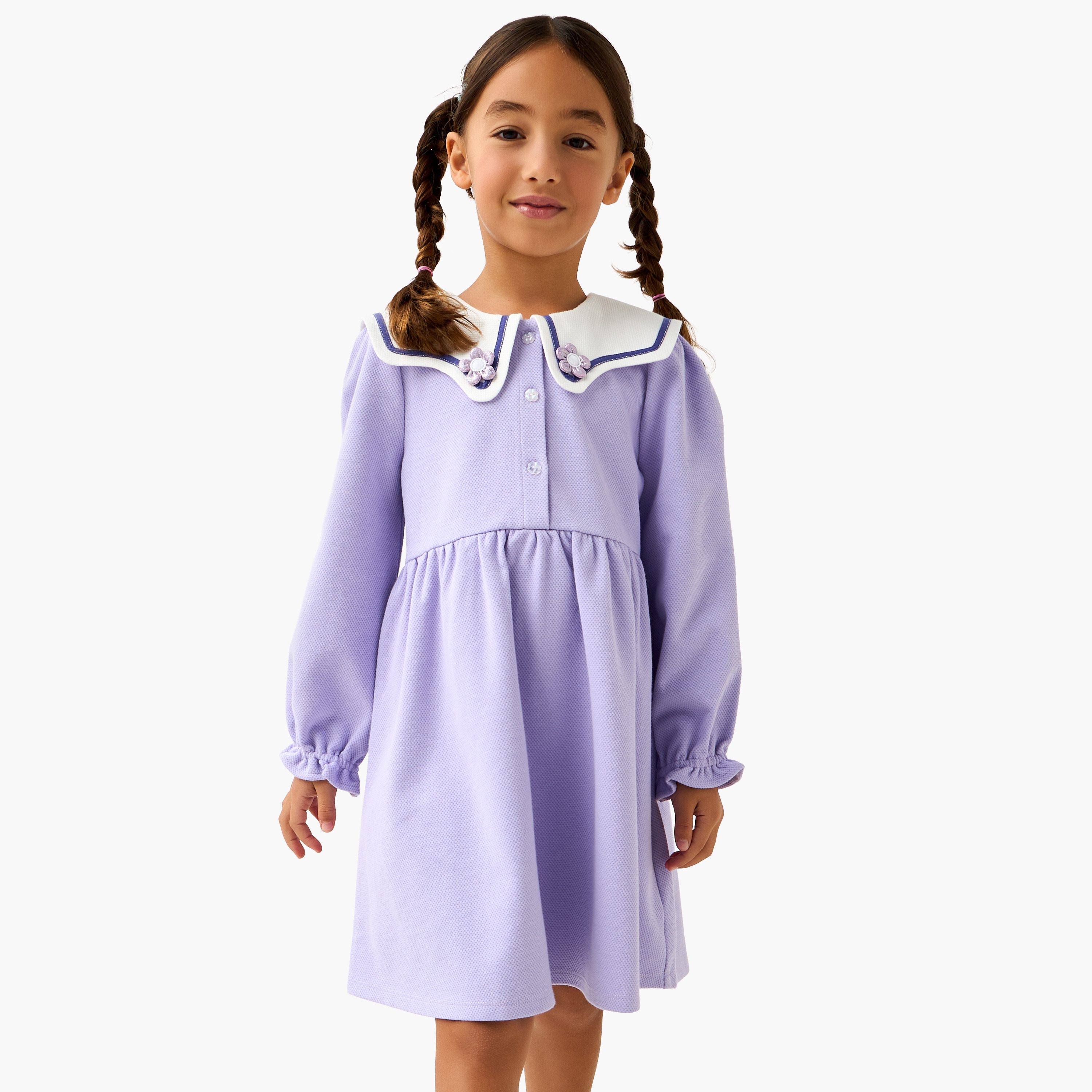 Juniors Sailor Collar Long Sleeves Dress with Floral Applique-girls-clothing-dressesandjumpsuits-image-1