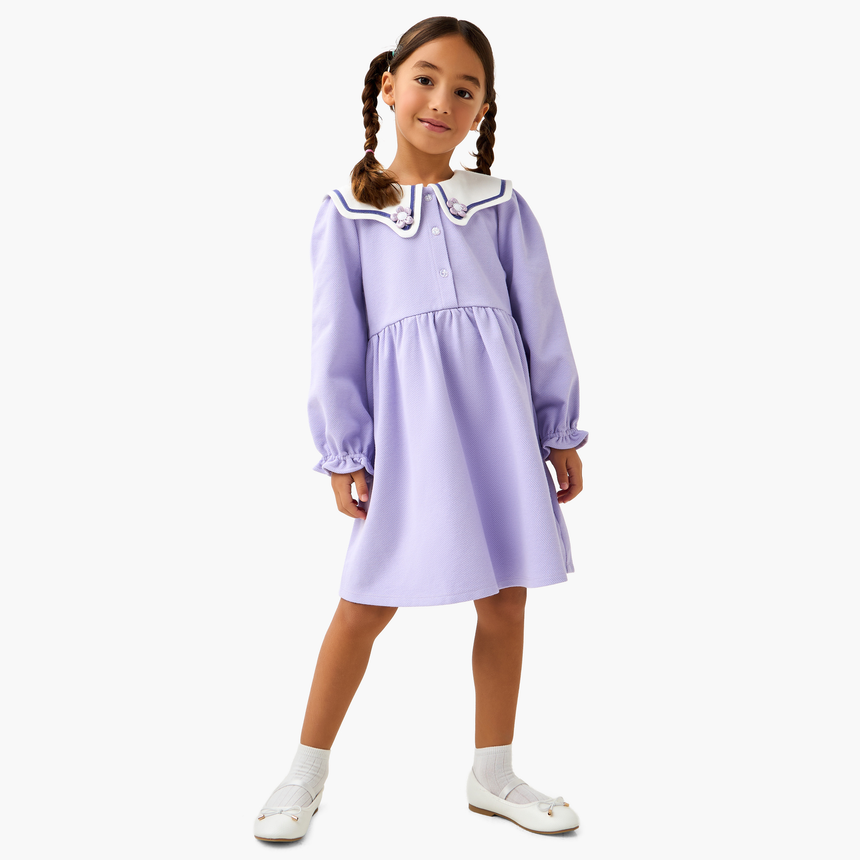 Juniors Sailor Collar Long Sleeves Dress with Floral Applique-girls-clothing-dressesandjumpsuits-image-2