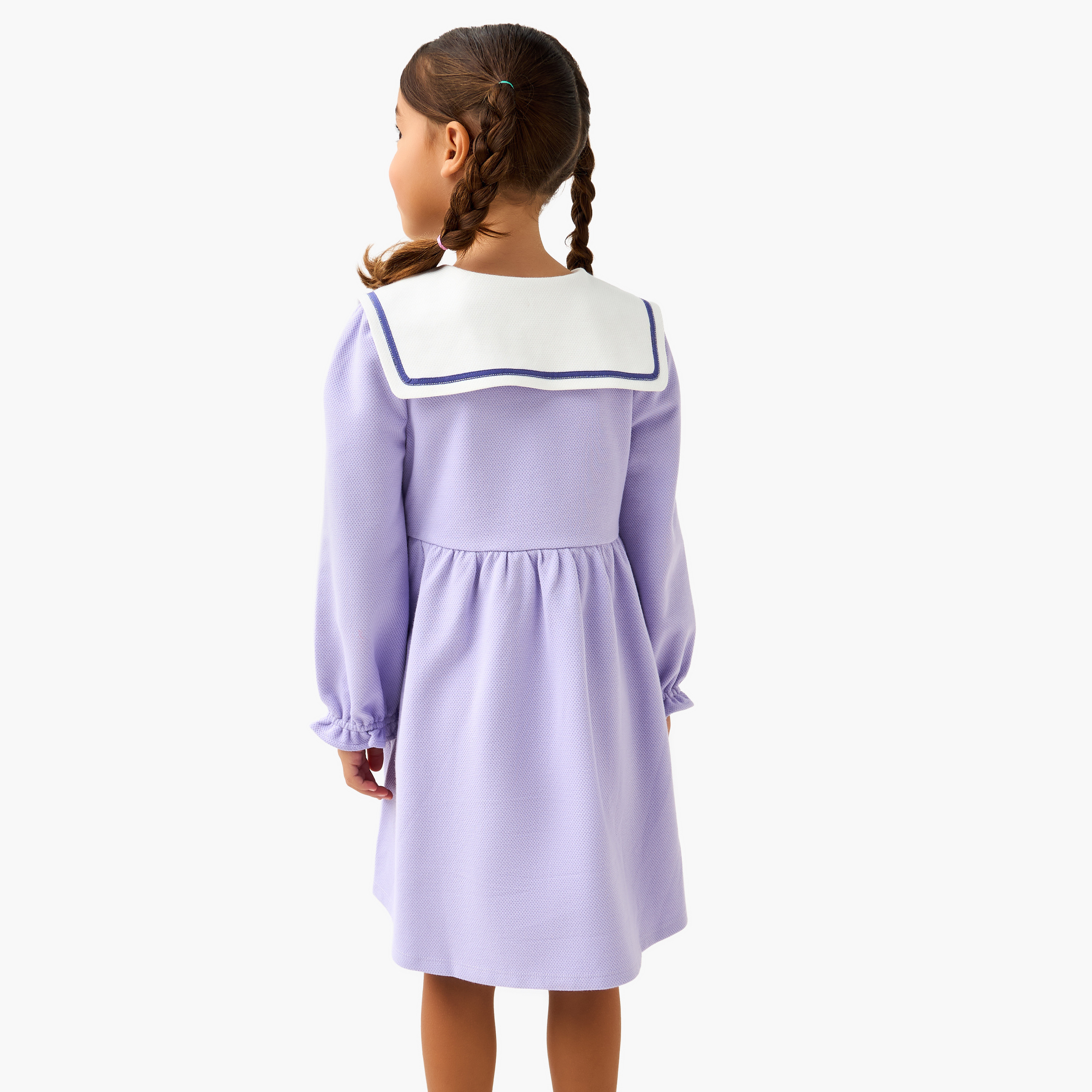 Juniors Sailor Collar Long Sleeves Dress with Floral Applique-girls-clothing-dressesandjumpsuits-image-3