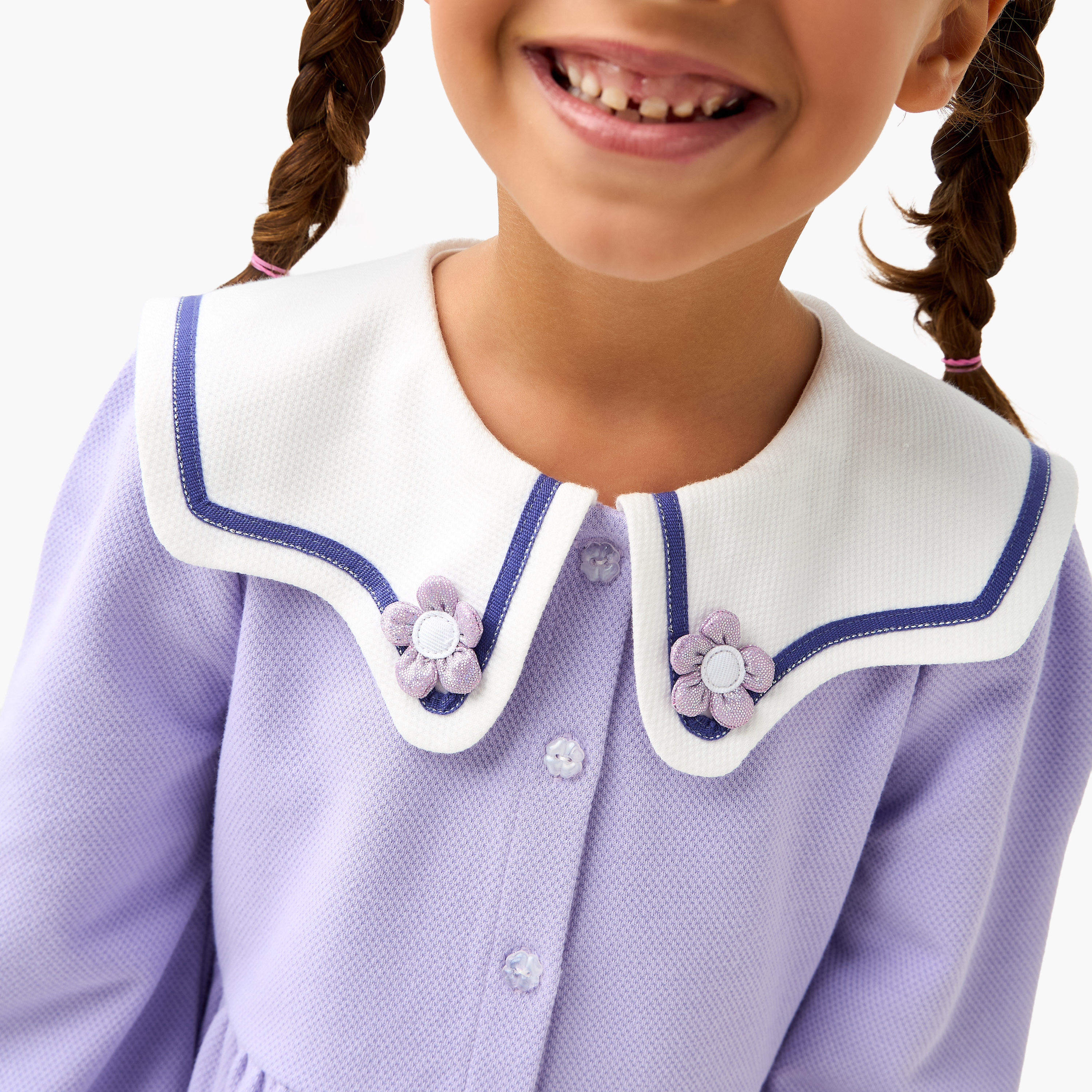 Juniors Sailor Collar Long Sleeves Dress with Floral Applique-girls-clothing-dressesandjumpsuits-image-4