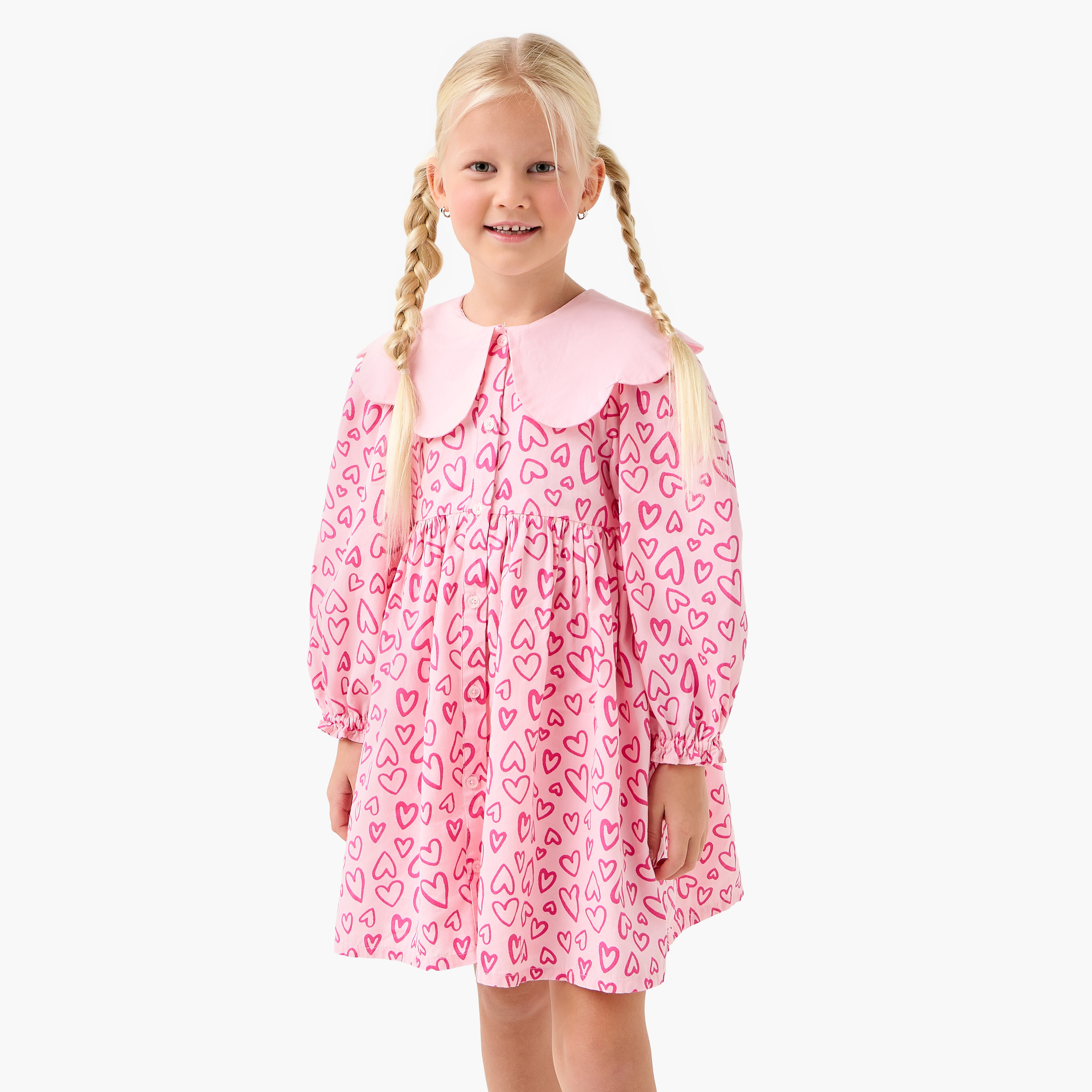 فستان بطول الركبة وياقة بيتر بان وأكمام طويلة وطبعات قلب من جونيورز-girls-clothing-dressesandjumpsuits-image-1