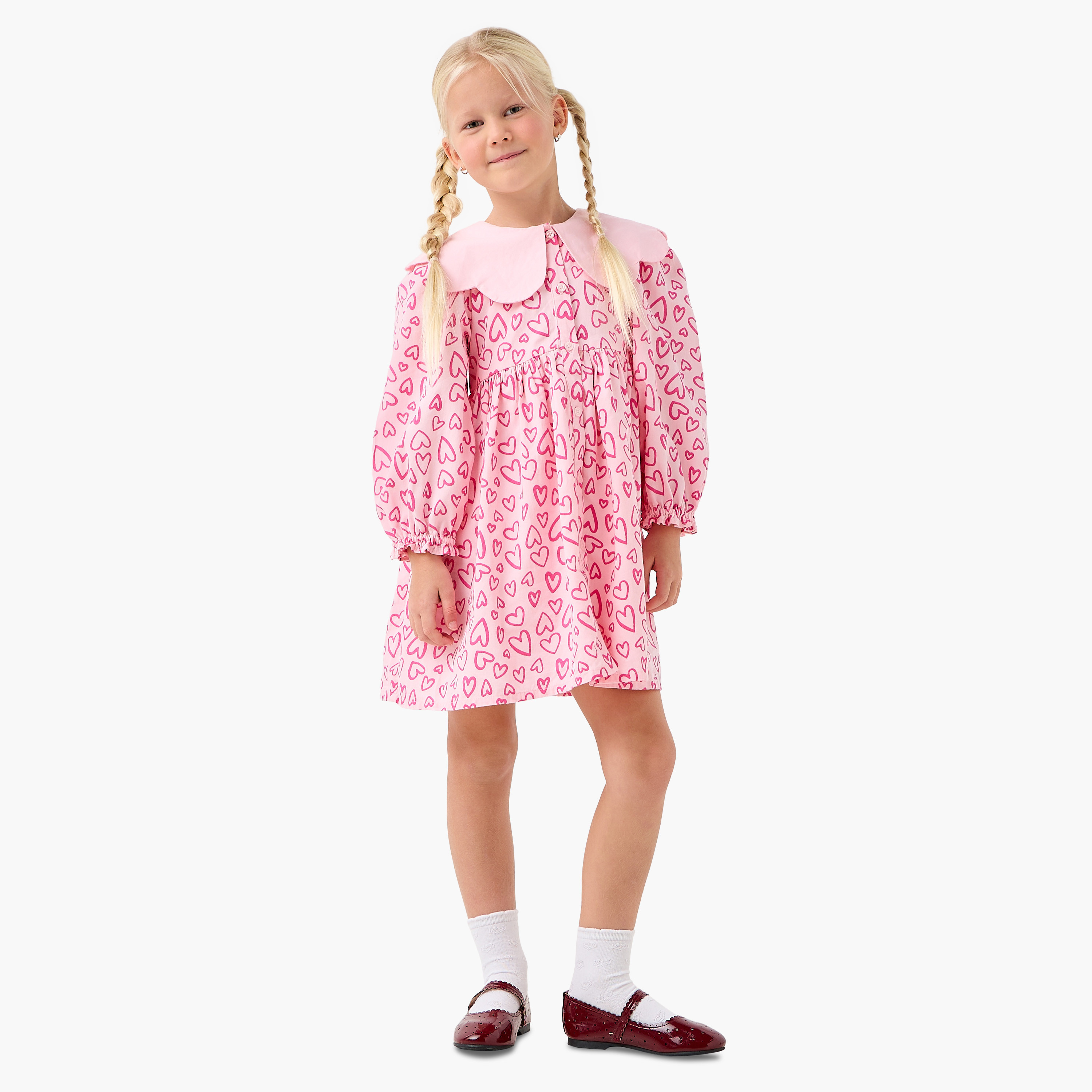 فستان بطول الركبة وياقة بيتر بان وأكمام طويلة وطبعات قلب من جونيورز-girls-clothing-dressesandjumpsuits-image-2