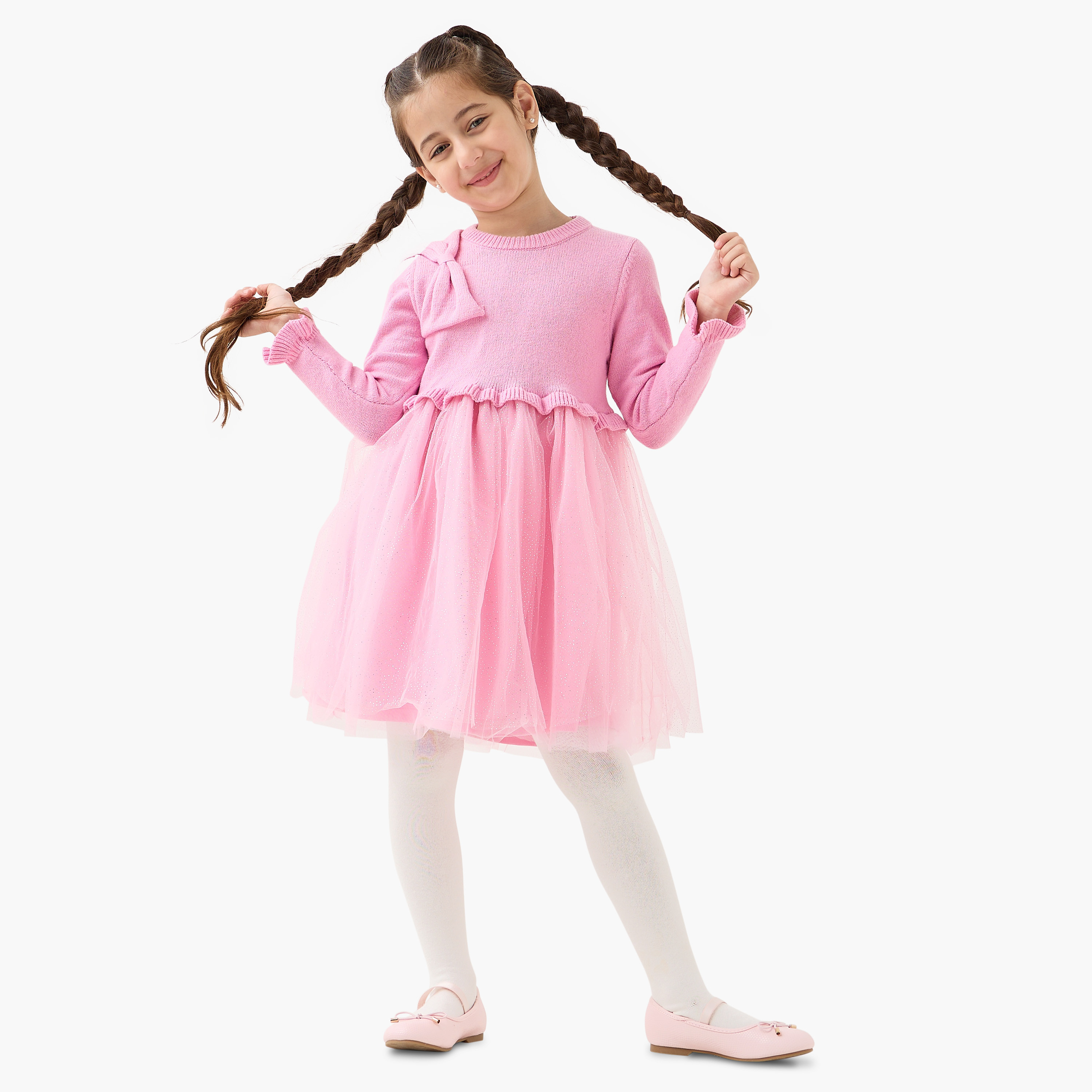 Juniors Glitter Embellished Tulle Dress with Tights-girls-clothing-winterwear-dresses-image-1