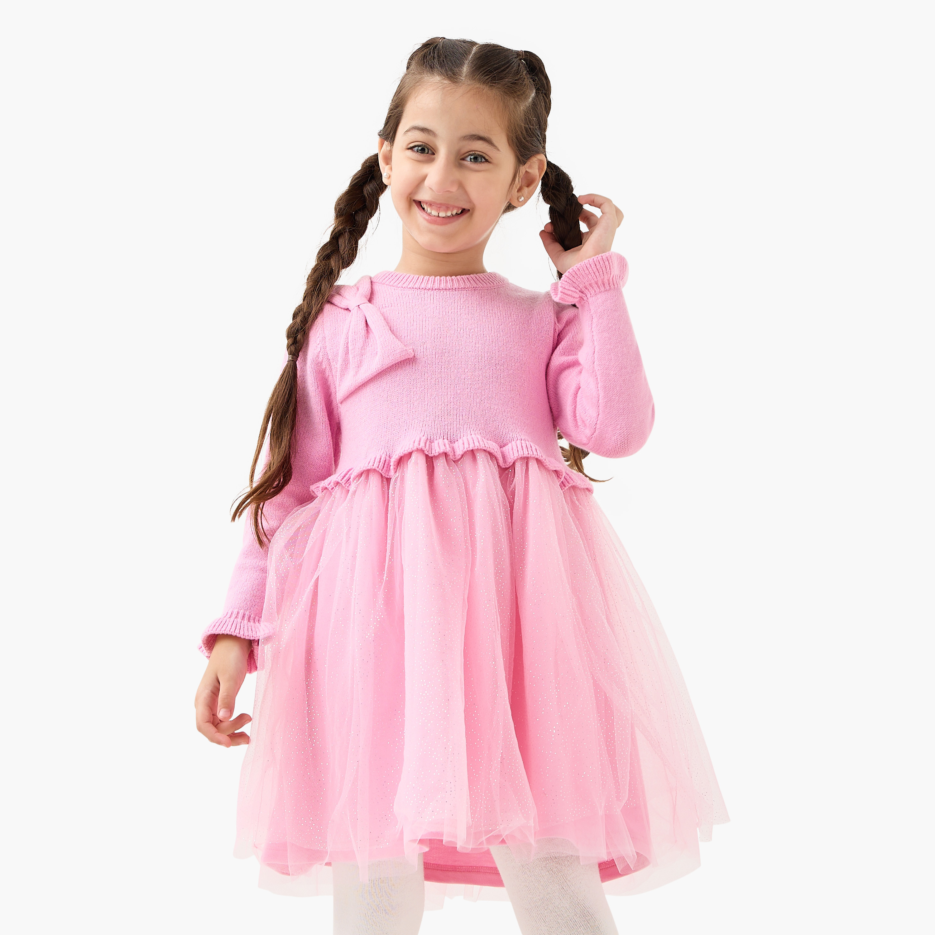 Juniors Glitter Embellished Tulle Dress with Tights-girls-clothing-winterwear-dresses-image-2