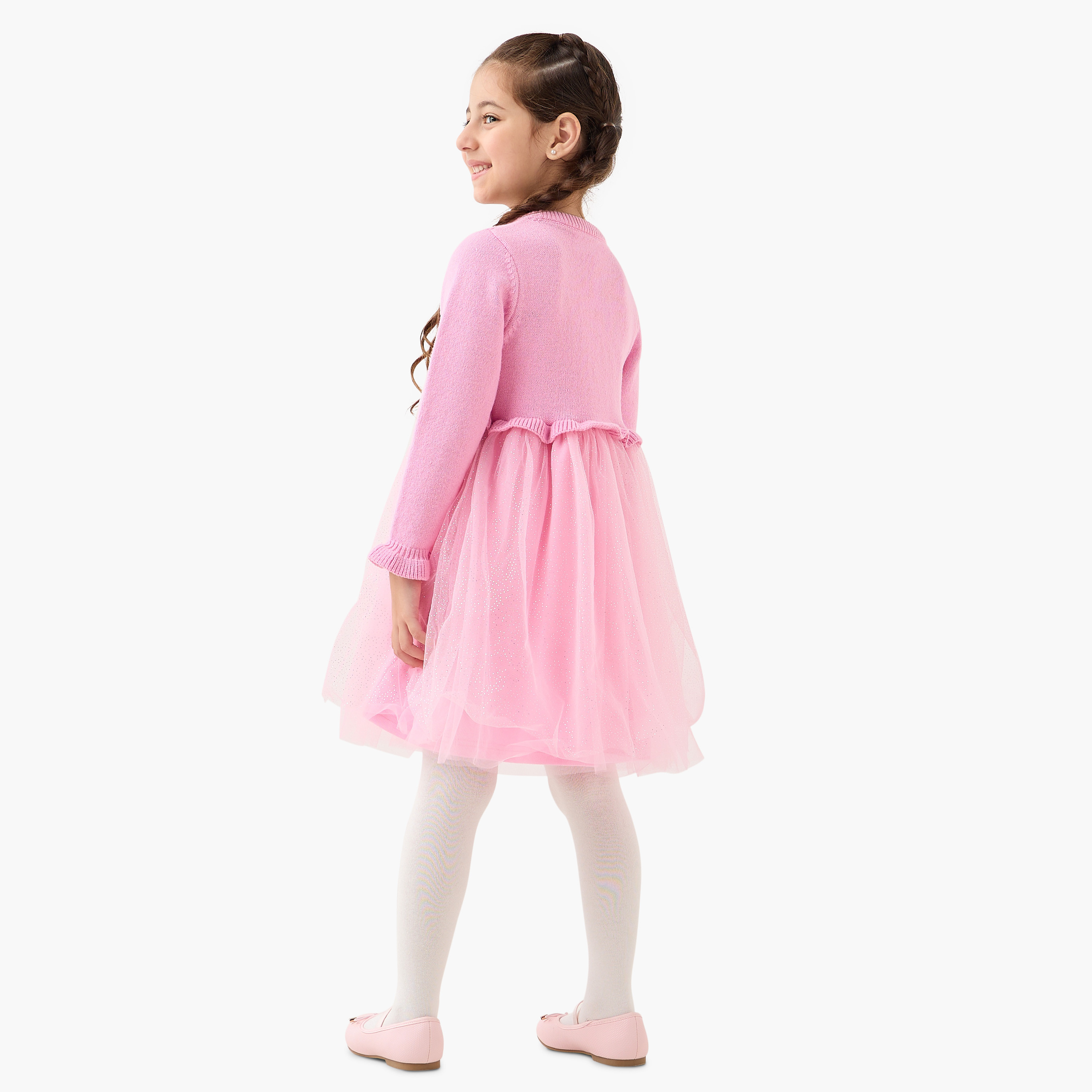 Juniors Glitter Embellished Tulle Dress with Tights-girls-clothing-winterwear-dresses-image-4