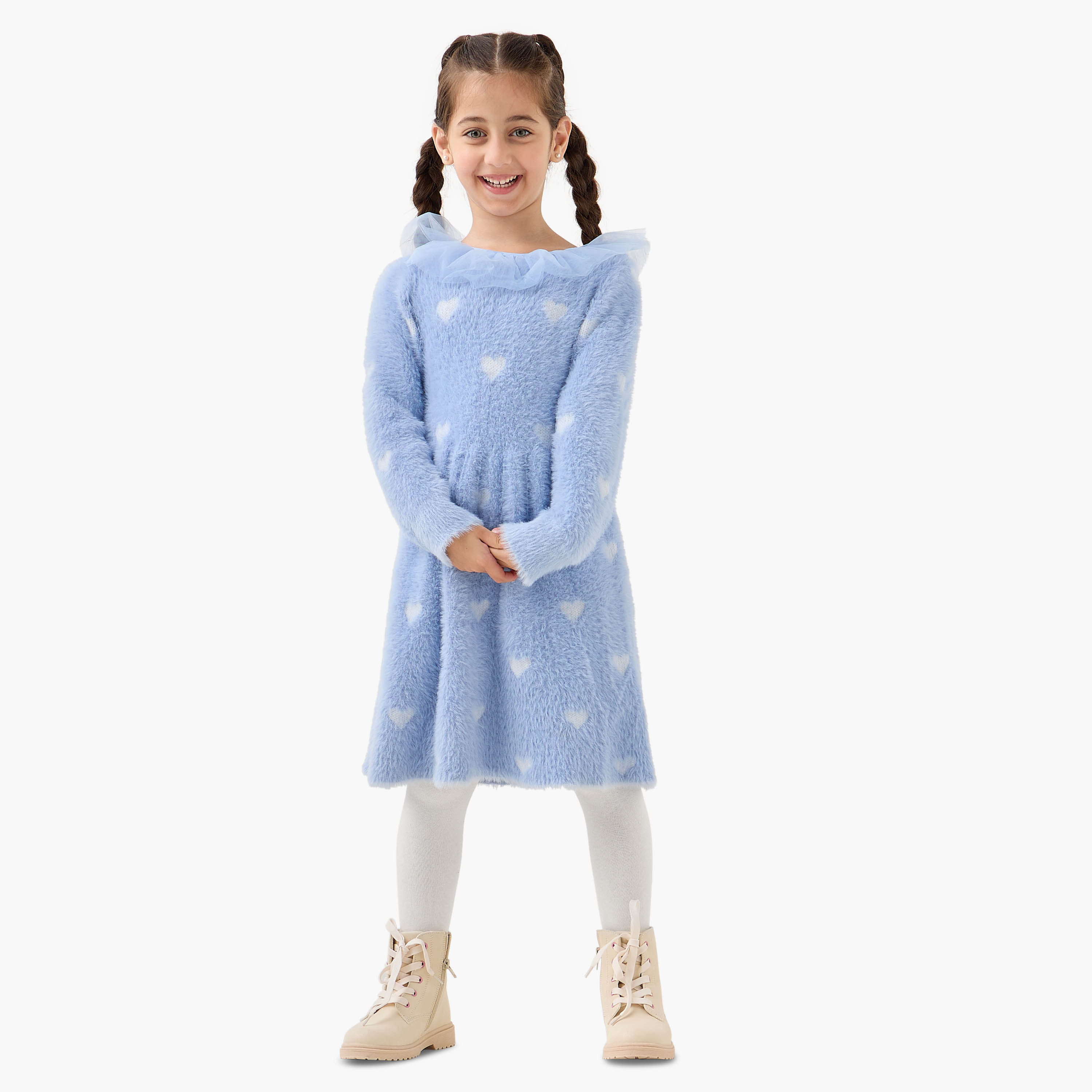 Juniors Heart Print Dress with Tights-girls-clothing-winterwear-dresses-image-1