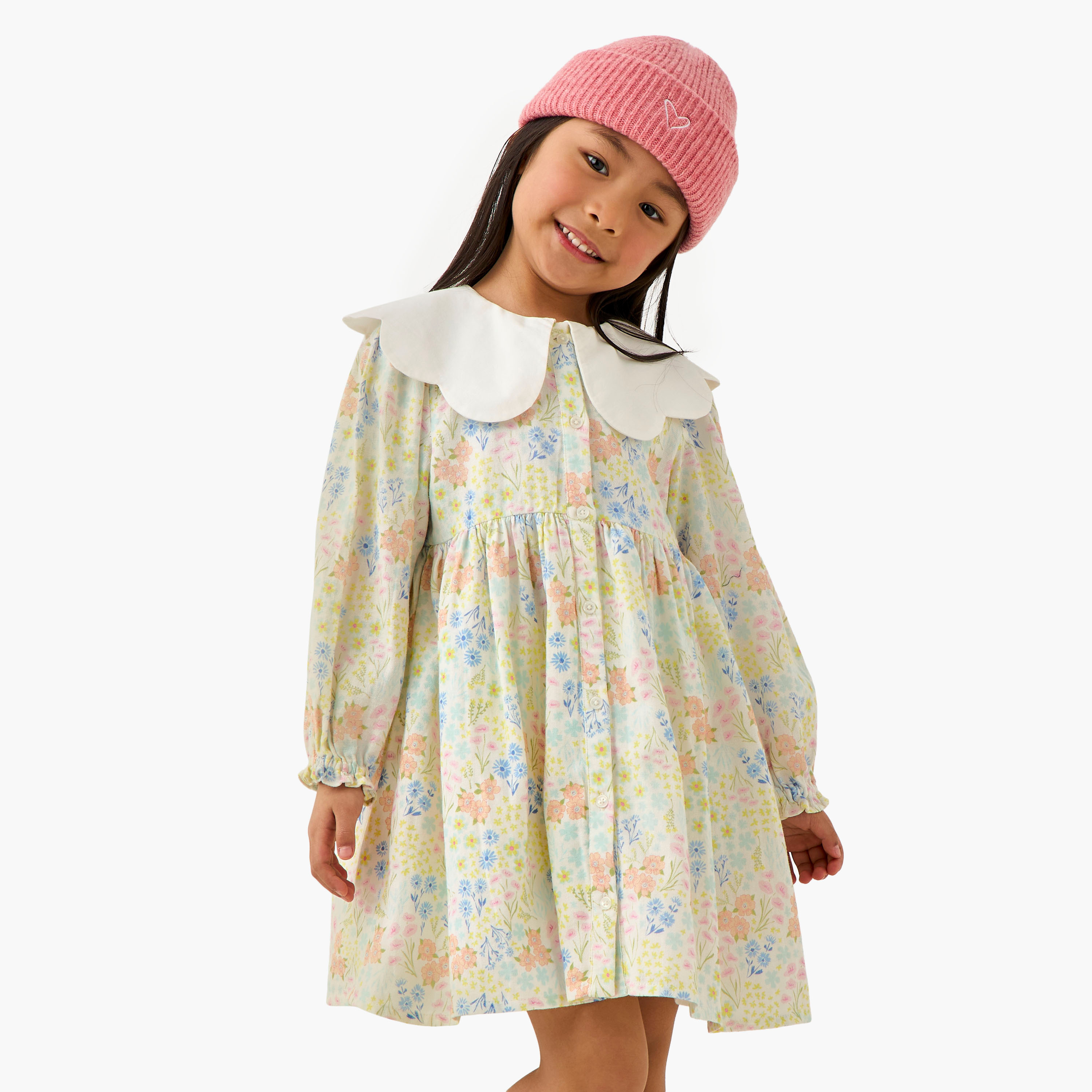 Juniors Peter Pan Collar Long Sleeves Dress with Floral Print-girls-clothing-dressesandjumpsuits-image-1