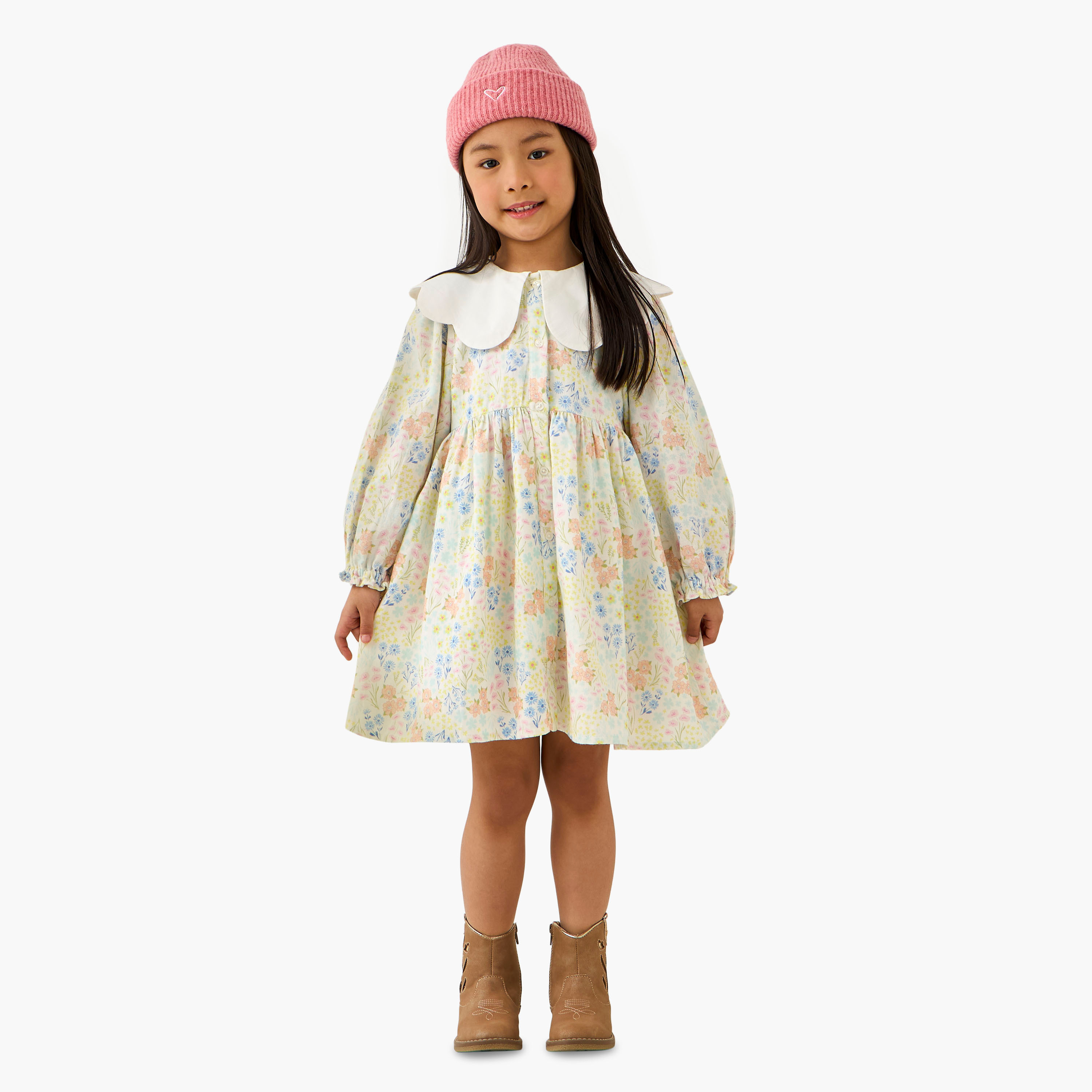 Juniors Peter Pan Collar Long Sleeves Dress with Floral Print-girls-clothing-dressesandjumpsuits-image-2