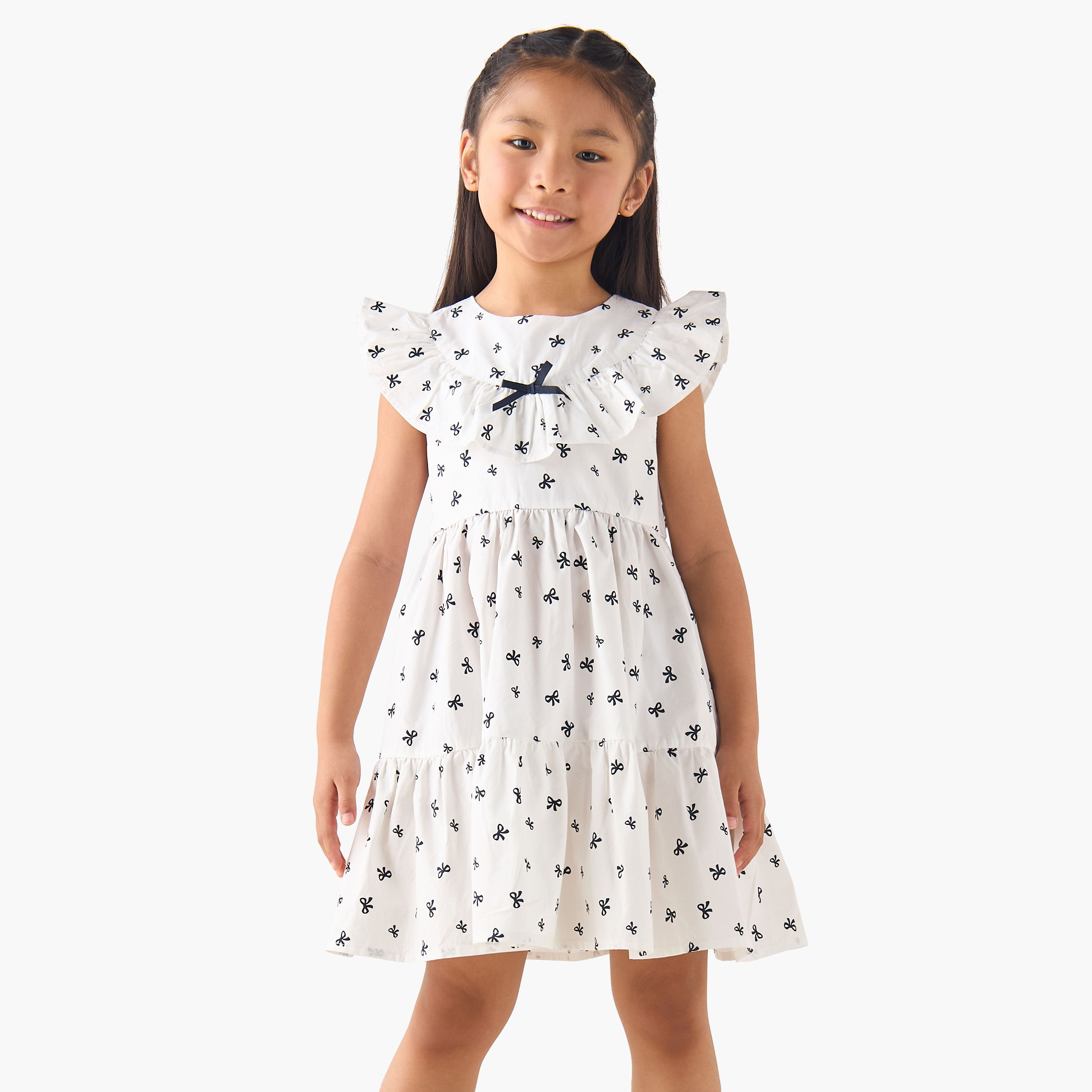 Juniors Round Neck Cap Sleeves A-line Dress with Bow Print-girls-clothing-dressesandjumpsuits-image-1