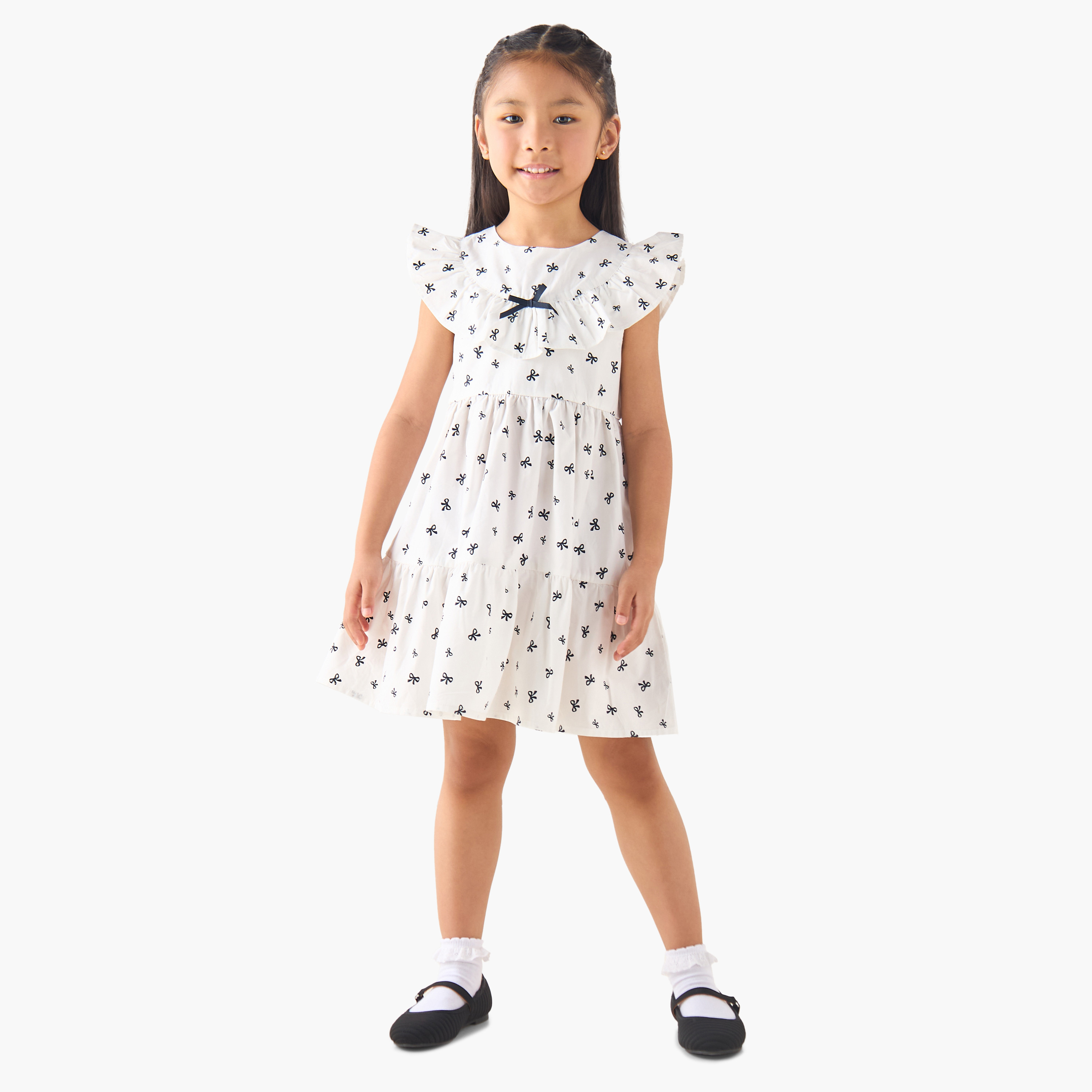 Juniors Round Neck Cap Sleeves A-line Dress with Bow Print-girls-clothing-dressesandjumpsuits-image-2