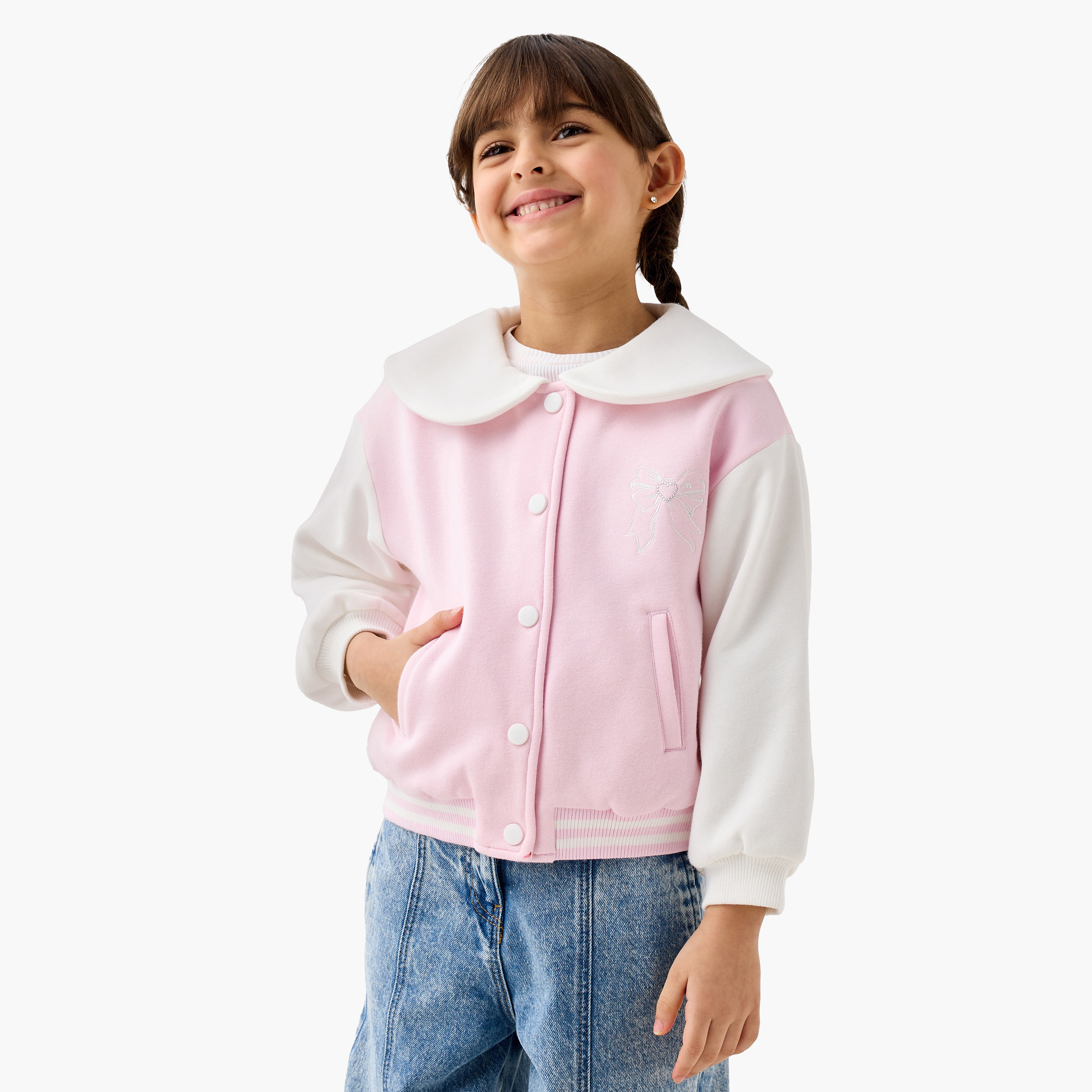 Juniors Colourblock Jacket with Peter Pan Collar and Snap Button Closure-baby-girls-clothing-jacketsandcoats-image-1
