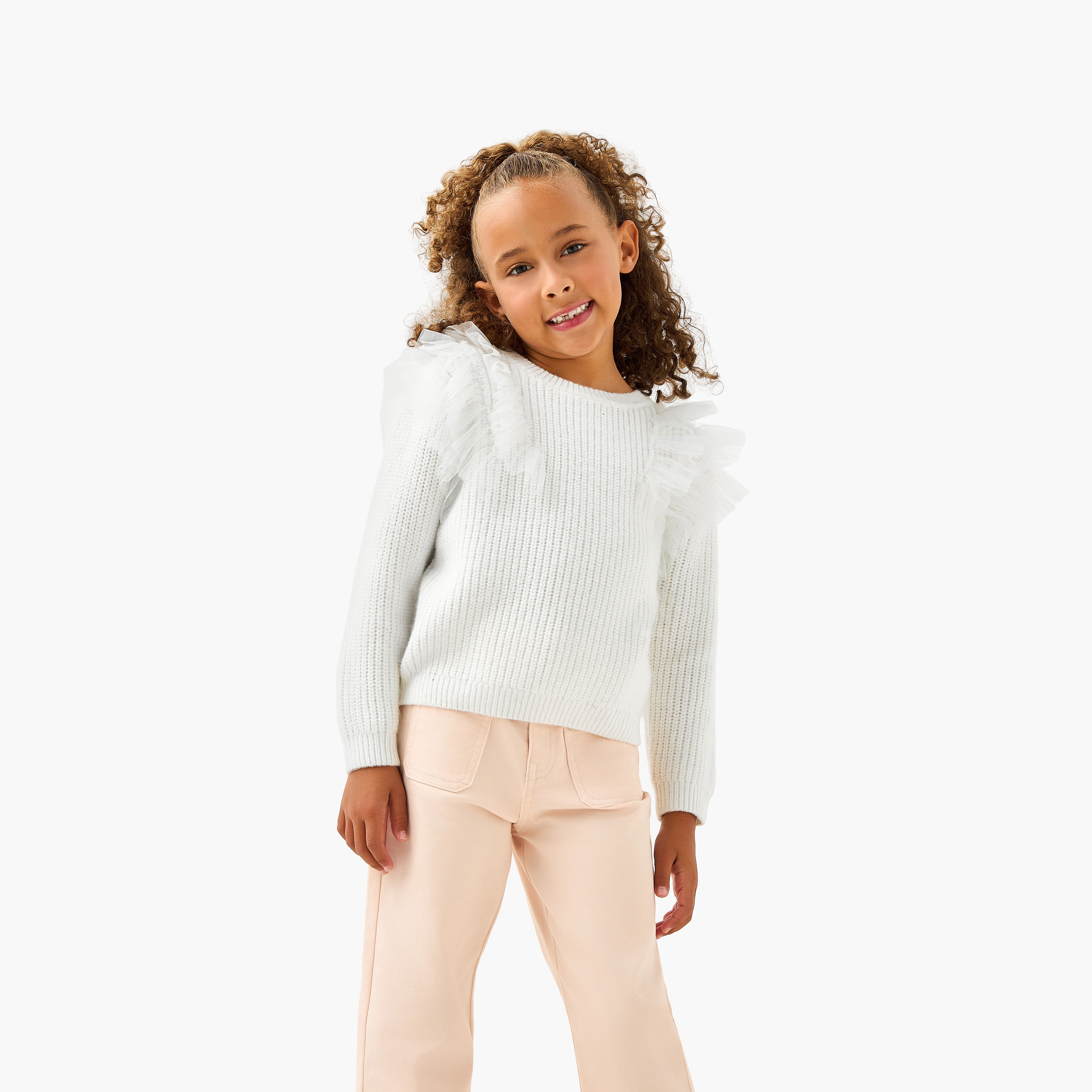 كنزة بارزة الملمس بتزيينات تويل وأكمام طويلة من جونيورز-girls-clothing-jumpersandcardigans-image-1