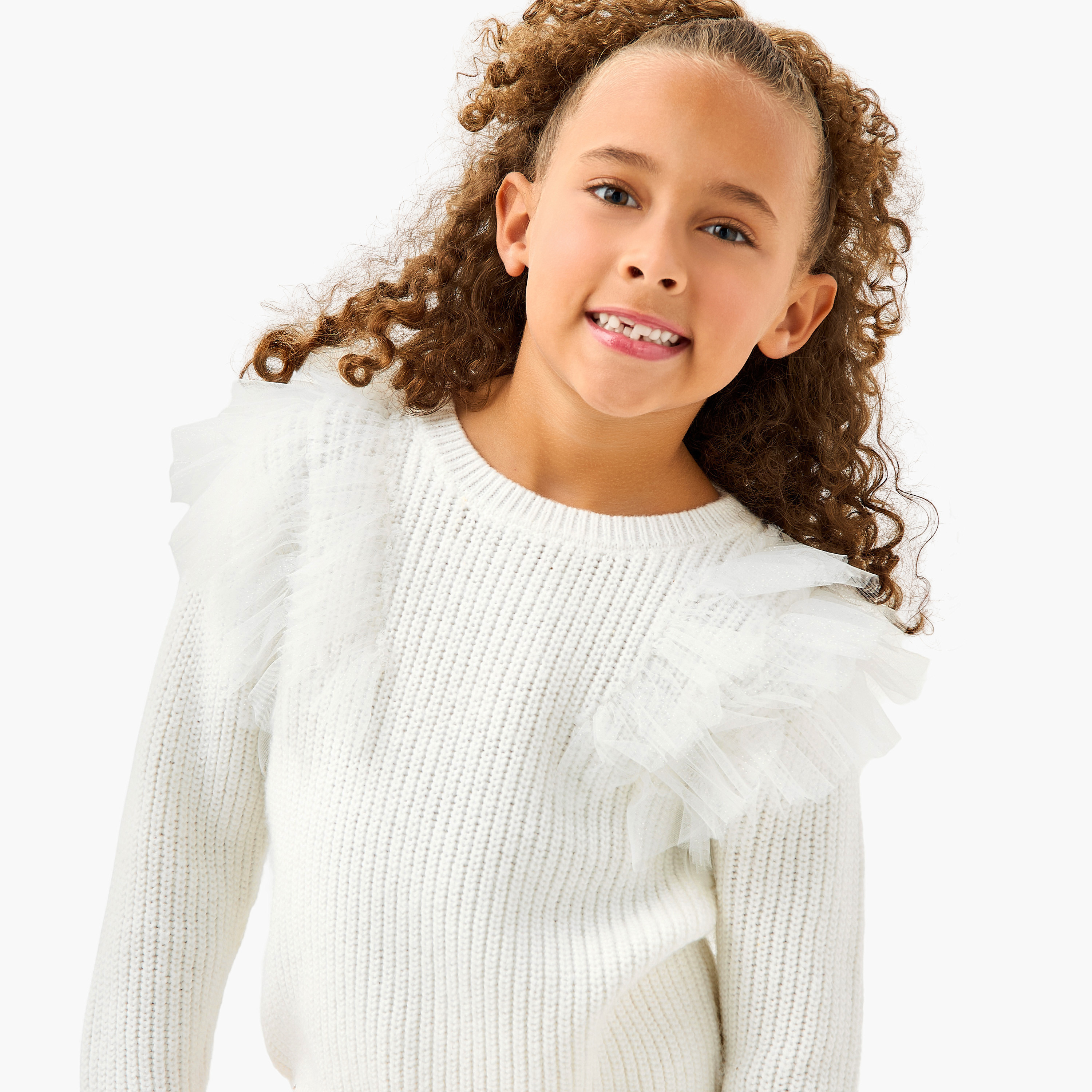 كنزة بارزة الملمس بتزيينات تويل وأكمام طويلة من جونيورز-girls-clothing-jumpersandcardigans-image-4