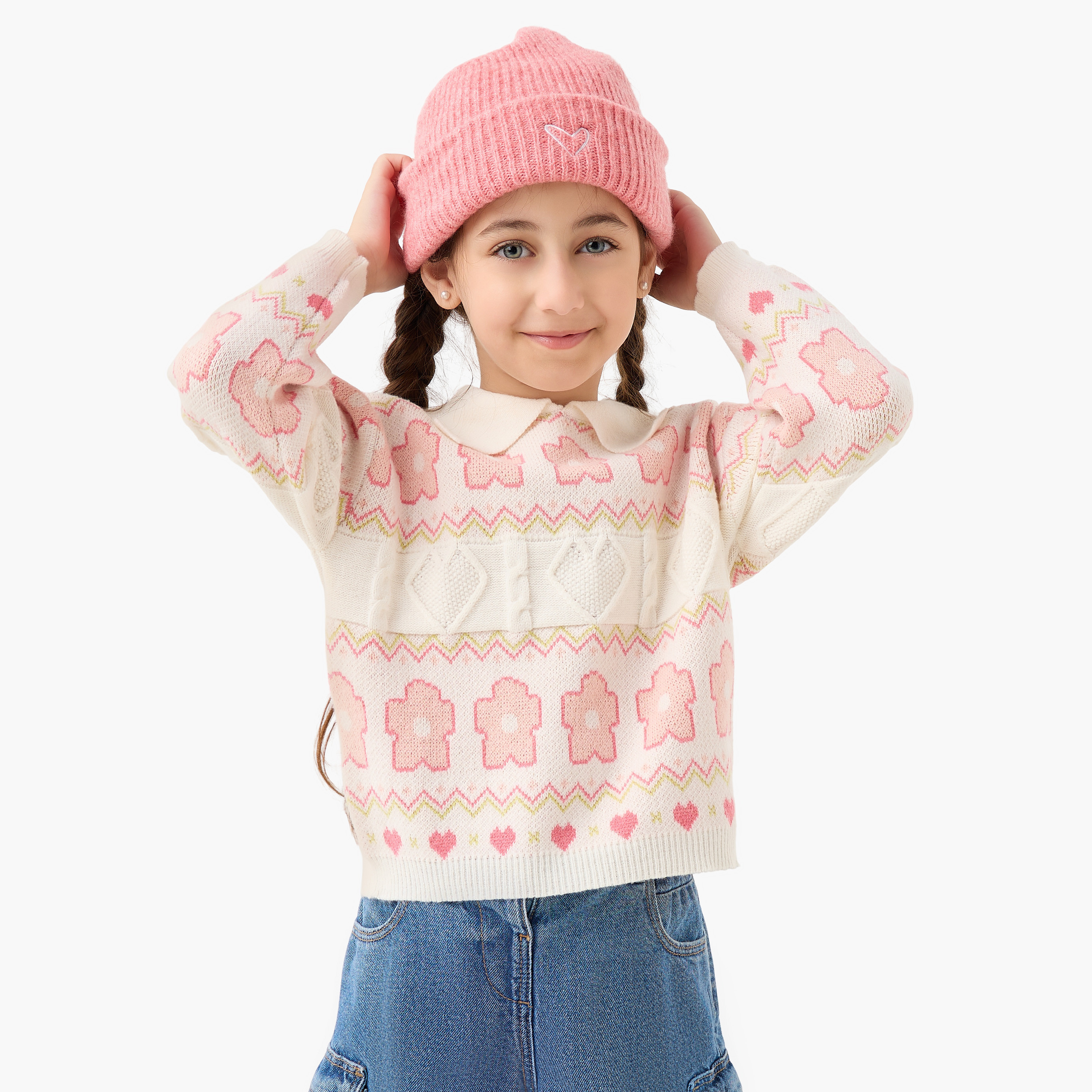 بلوفر بياقة وأكمام طويلة جاكار زهور من جونيورز-girls-clothing-winterwear-jumpersandcardigans-image-5