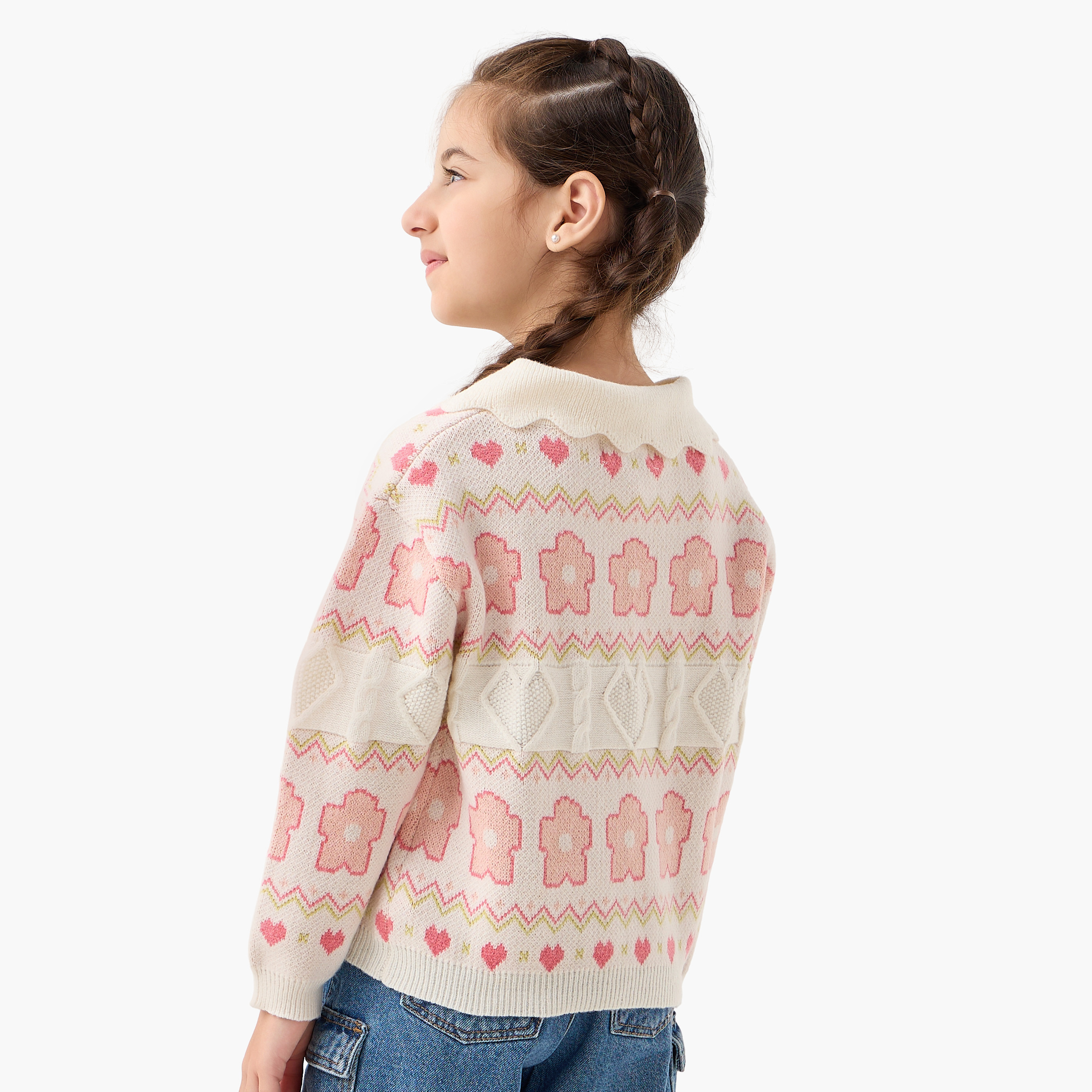 بلوفر بياقة وأكمام طويلة جاكار زهور من جونيورز-girls-clothing-winterwear-jumpersandcardigans-image-3