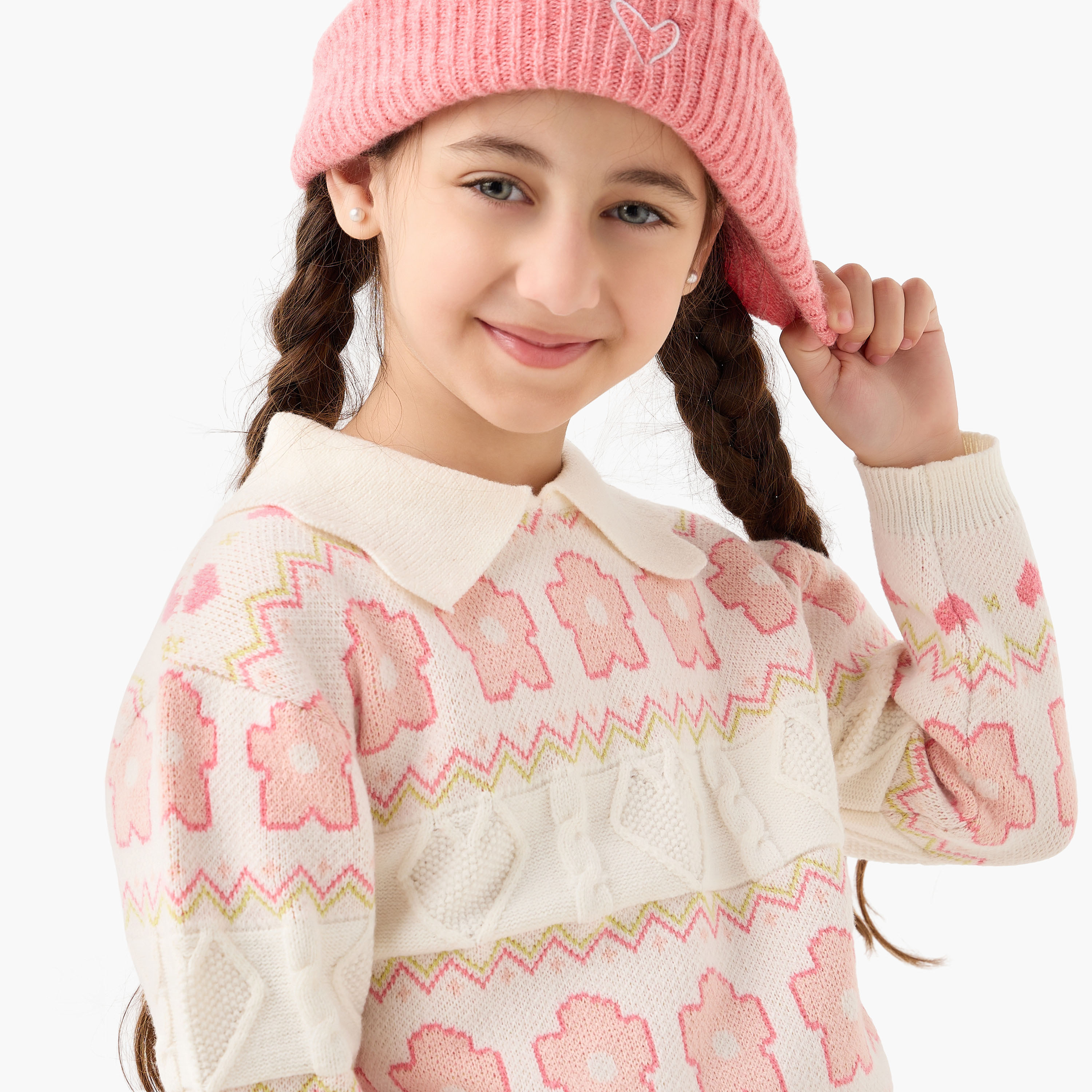 بلوفر بياقة وأكمام طويلة جاكار زهور من جونيورز-girls-clothing-winterwear-jumpersandcardigans-image-2