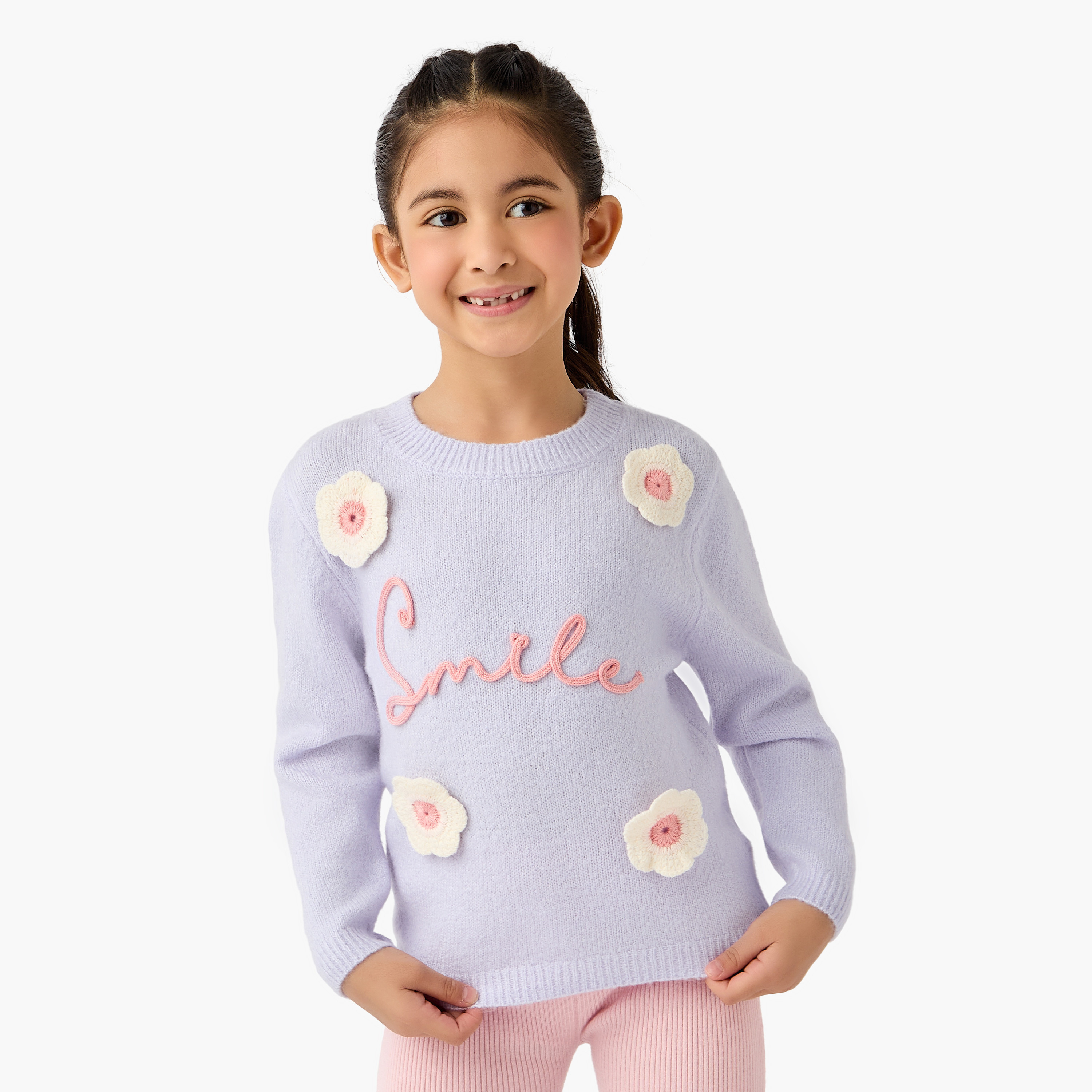 Juniors Slogan Embroidered Sweater with Long Sleeves-girls-clothing-winterwear-jumpersandcardigans-image-1