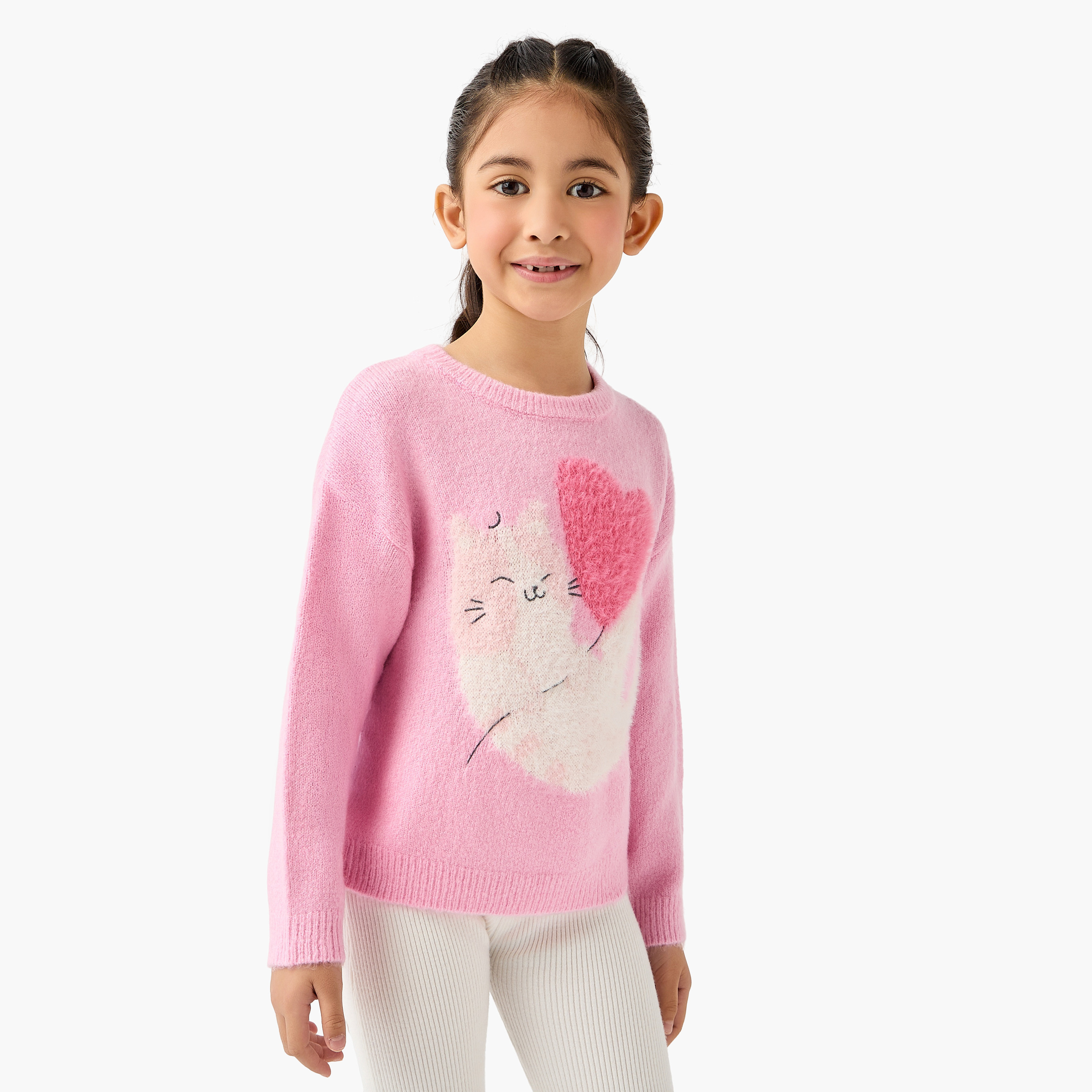 كنزة بأكمام طويلة مزينة بتفاصيل قطة من جونيورز-girls-clothing-winterwear-jumpersandcardigans-image-1