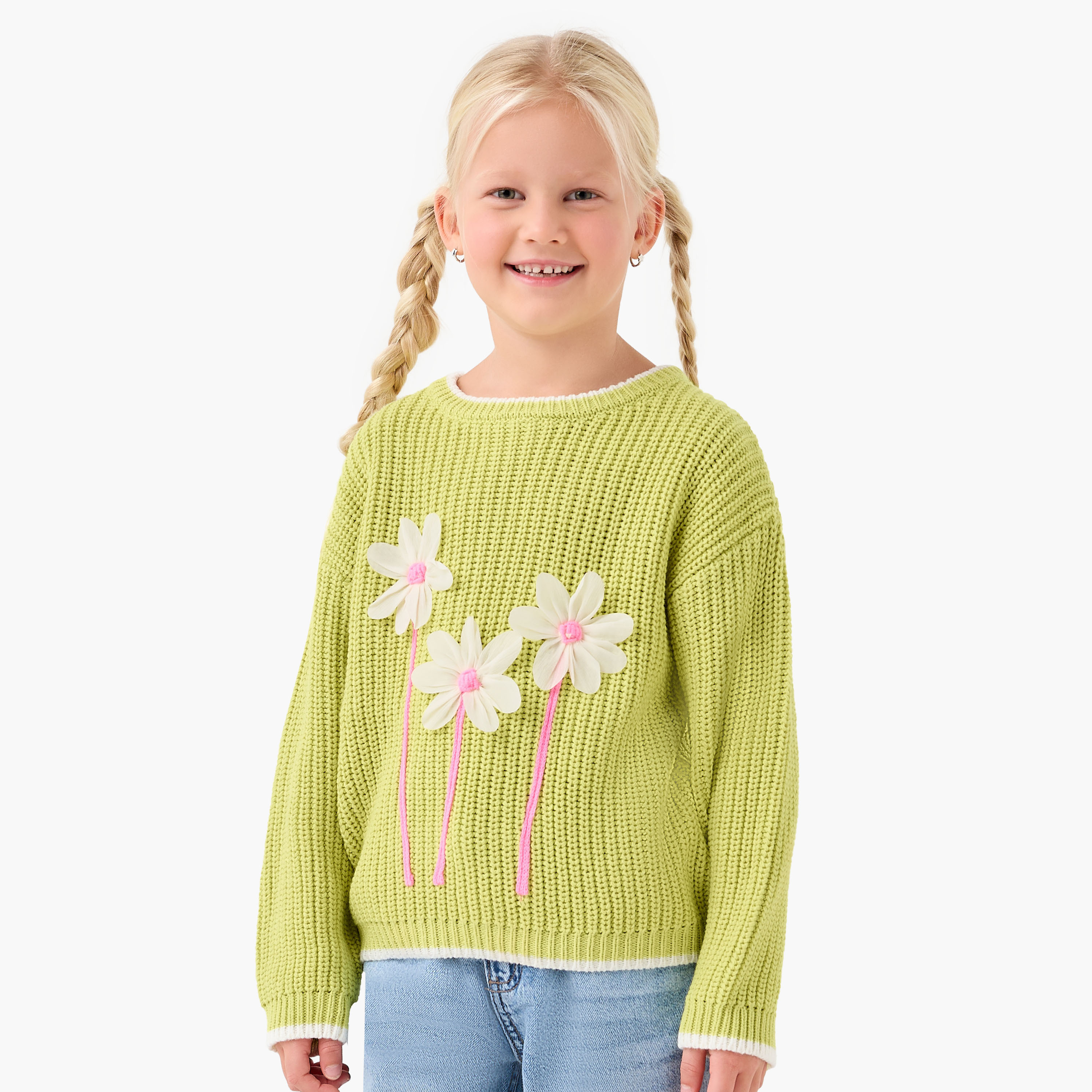 بلوفر بياقة ضيقة وأكمام طويلة وزخارف زهرية للبنات من جونيورز-girls-clothing-winterwear-jumpersandcardigans-image-1
