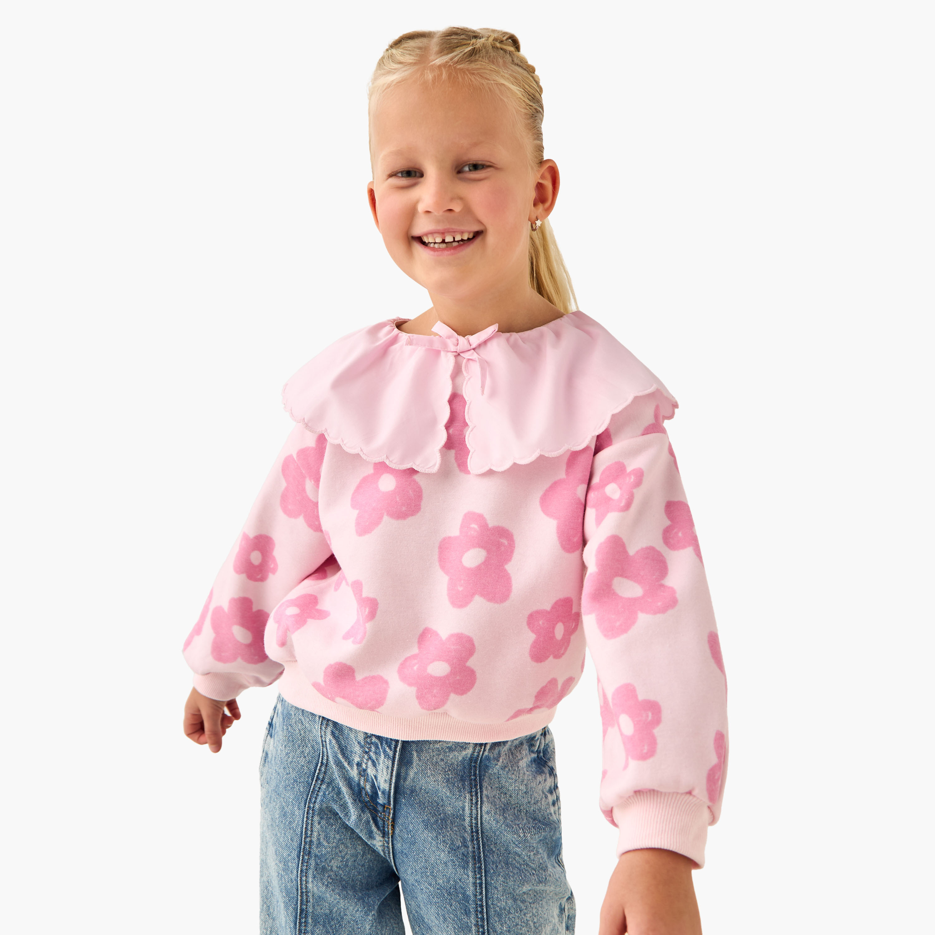 سويت شيرت بناتي بأكمام طويلة وياقة بيتر بان وبطبعات زهرية من جونيورز-baby-girls-clothing-winterwear-sweatshirts-image-5