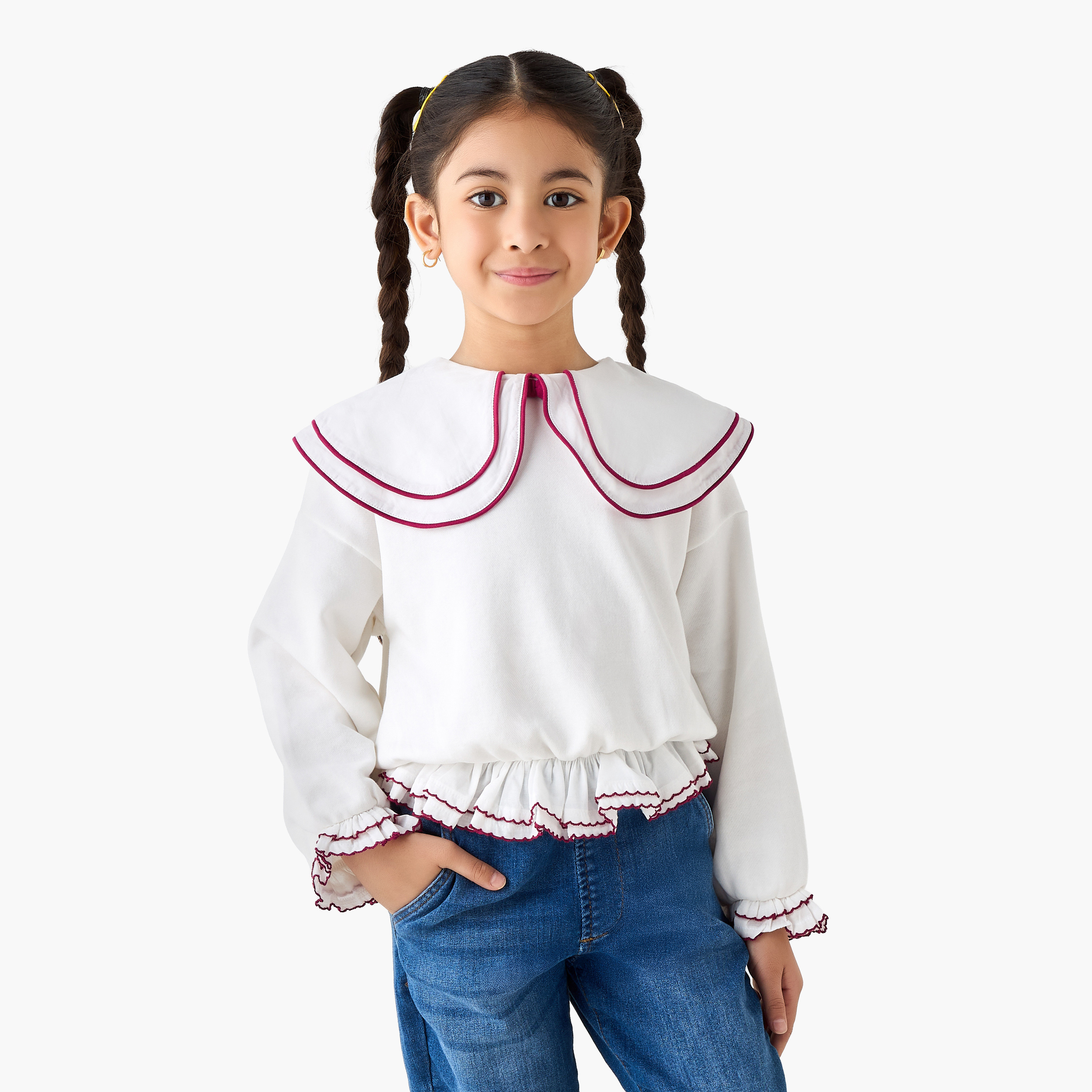 سويت شيرت سادة بأكمام طويلة وياقة بيتر بان من جونيورز-baby-girls-clothing-winterwear-sweatshirts-image-6