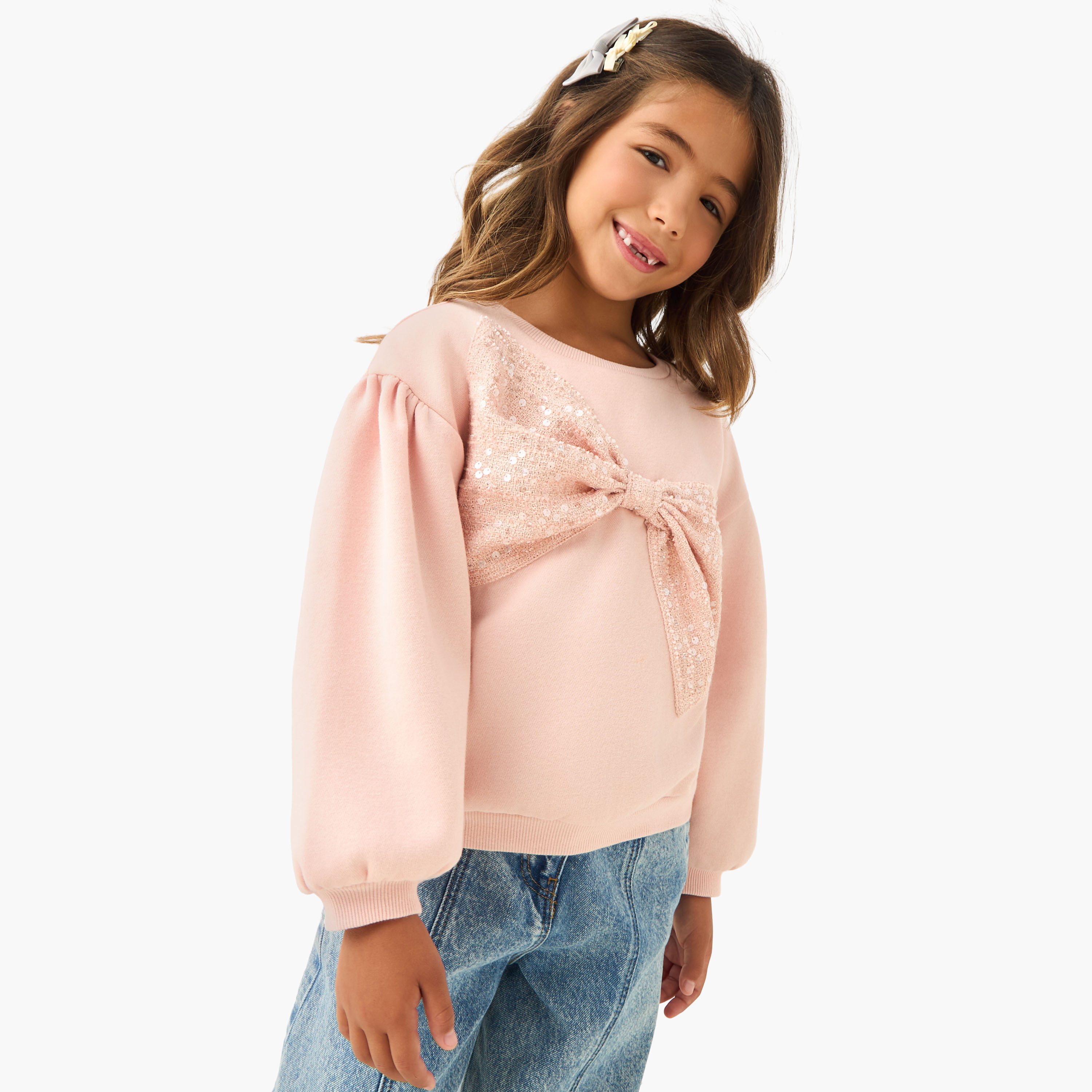 Juniors Bow Accent Sweatshirt with Long Sleeves-baby-girls-clothing-sweatshirts-image-1