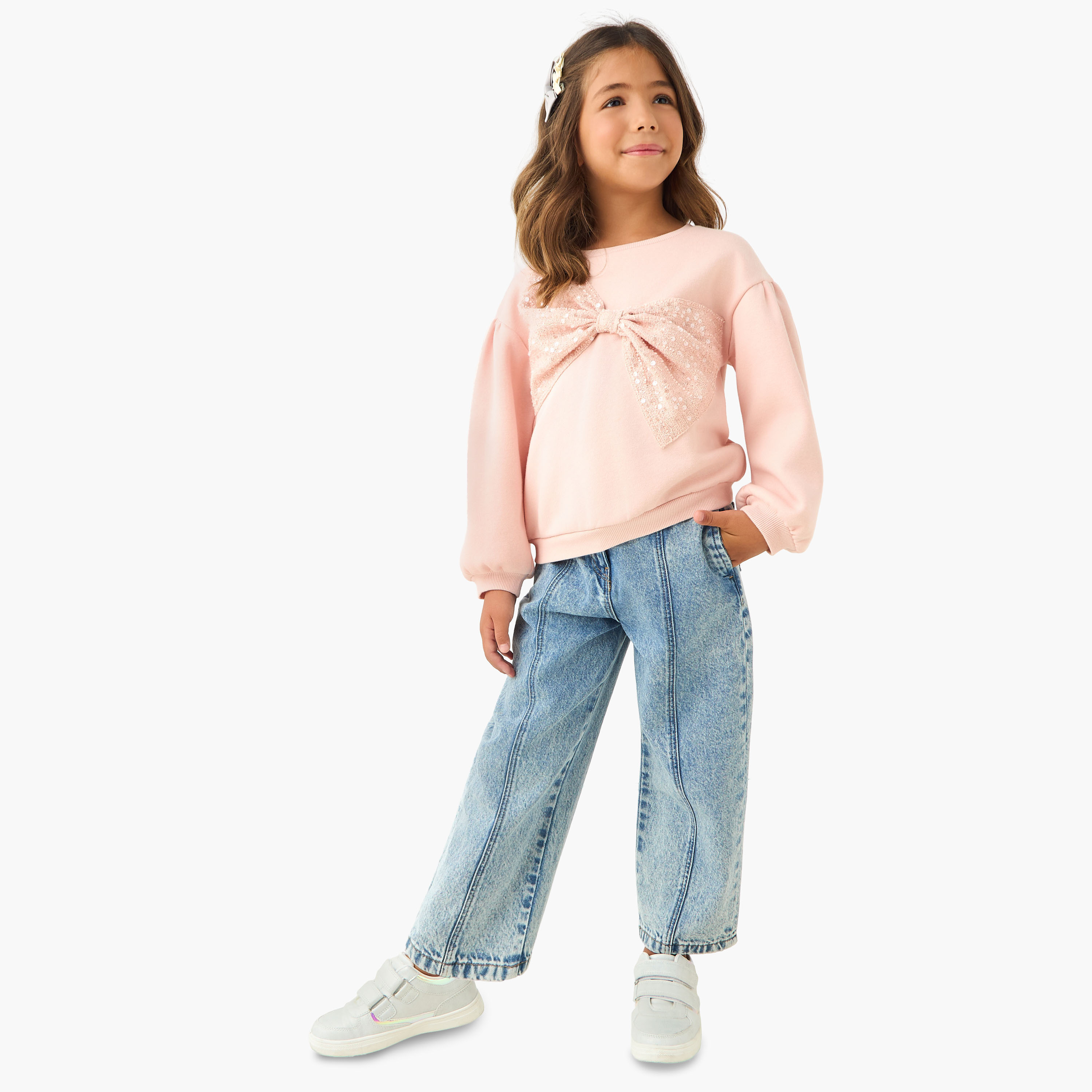 Juniors Bow Accent Sweatshirt with Long Sleeves-baby-girls-clothing-sweatshirts-image-2