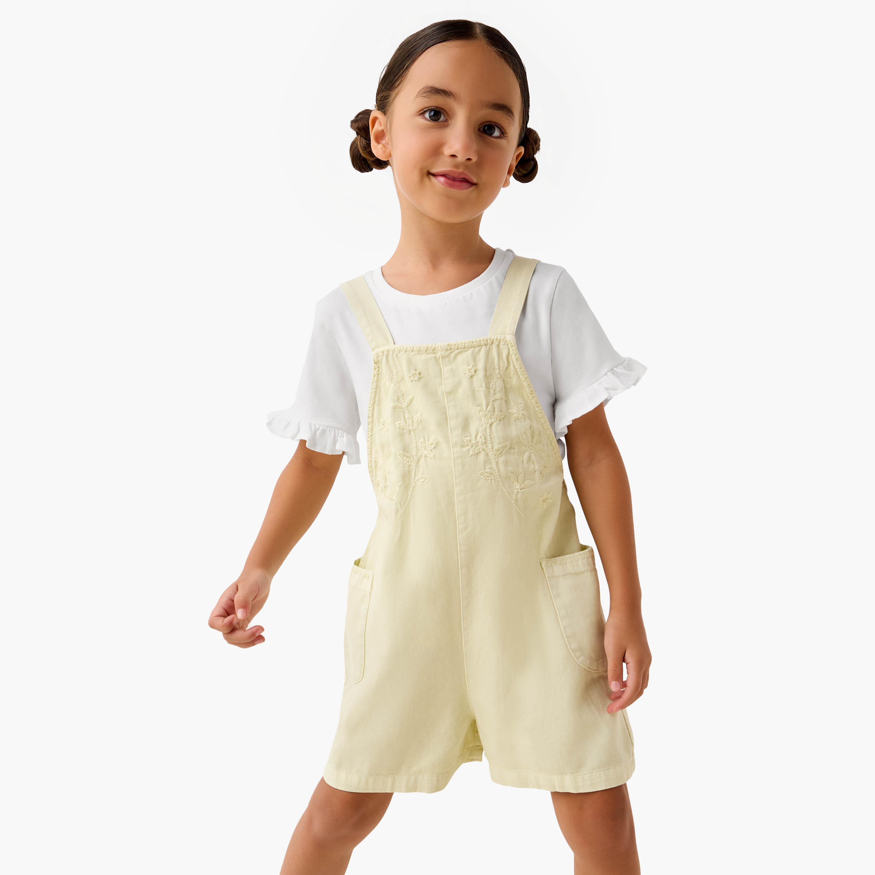 Juniors Solid T-shirt and Embroidered Dungaree Set-girls-clothing-setsandcoords-image-1