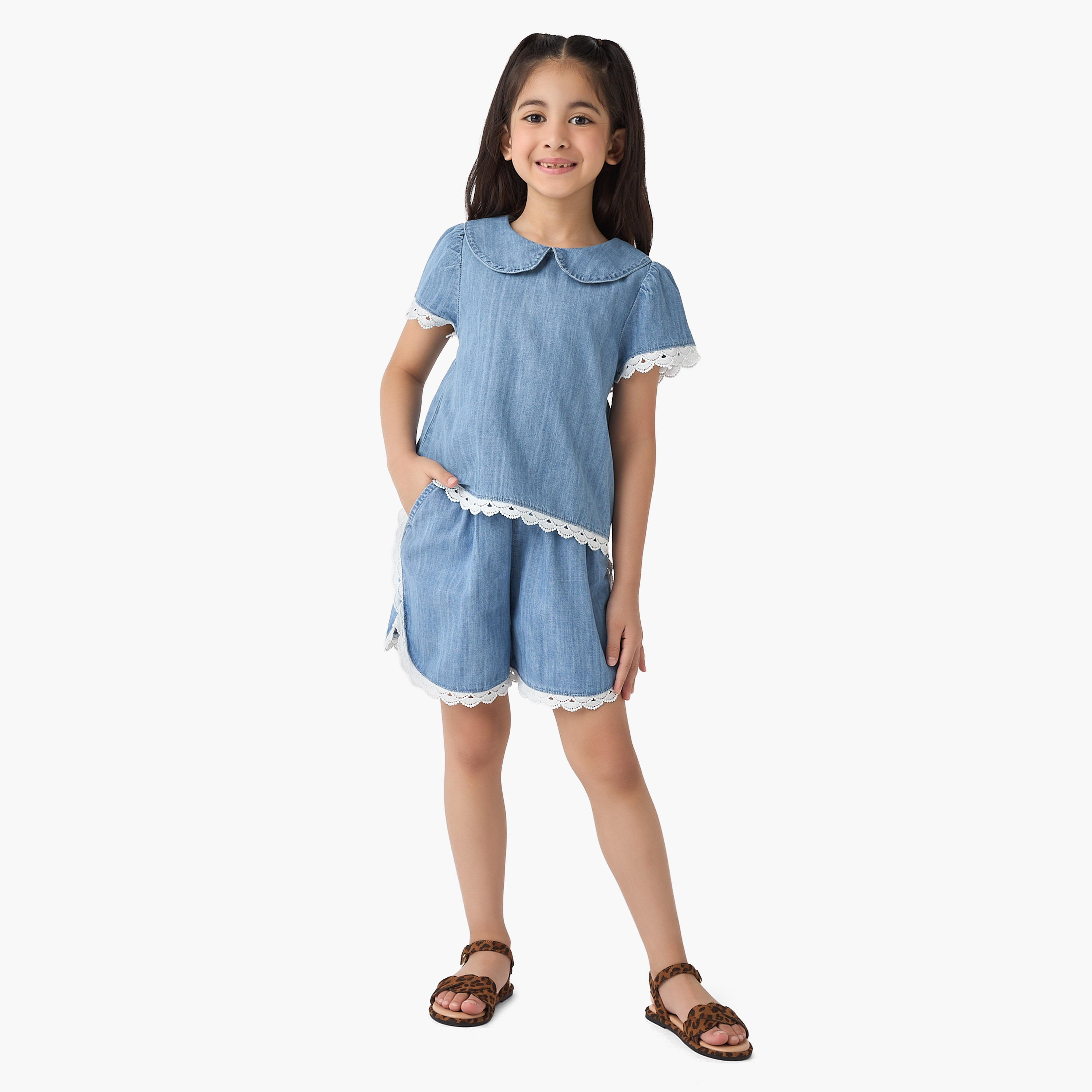 Juniors Lace Trim Denim Top and Shorts Set-girls-clothing-setsandcoords-image-1