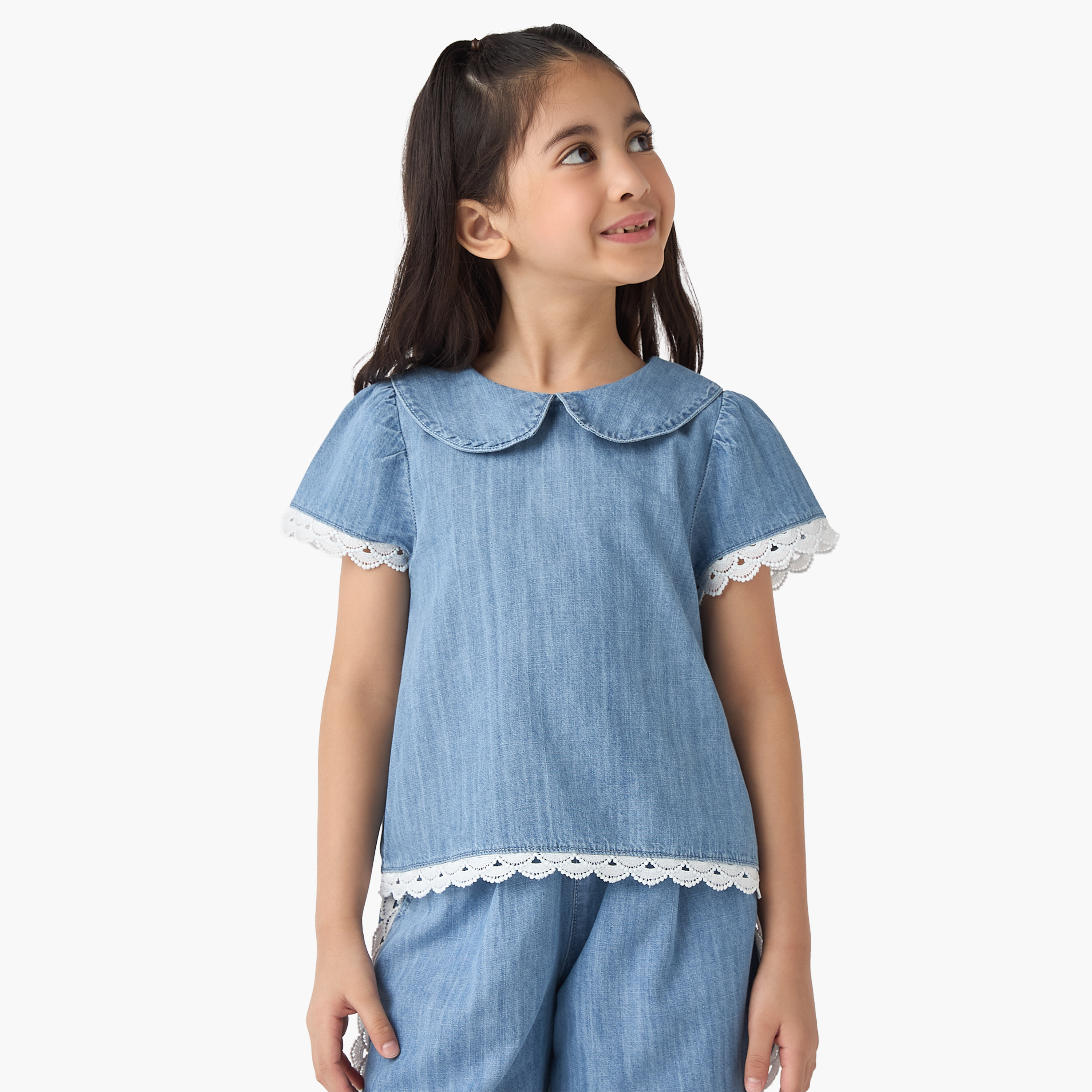 Juniors Lace Trim Denim Top and Shorts Set-girls-clothing-setsandcoords-image-2