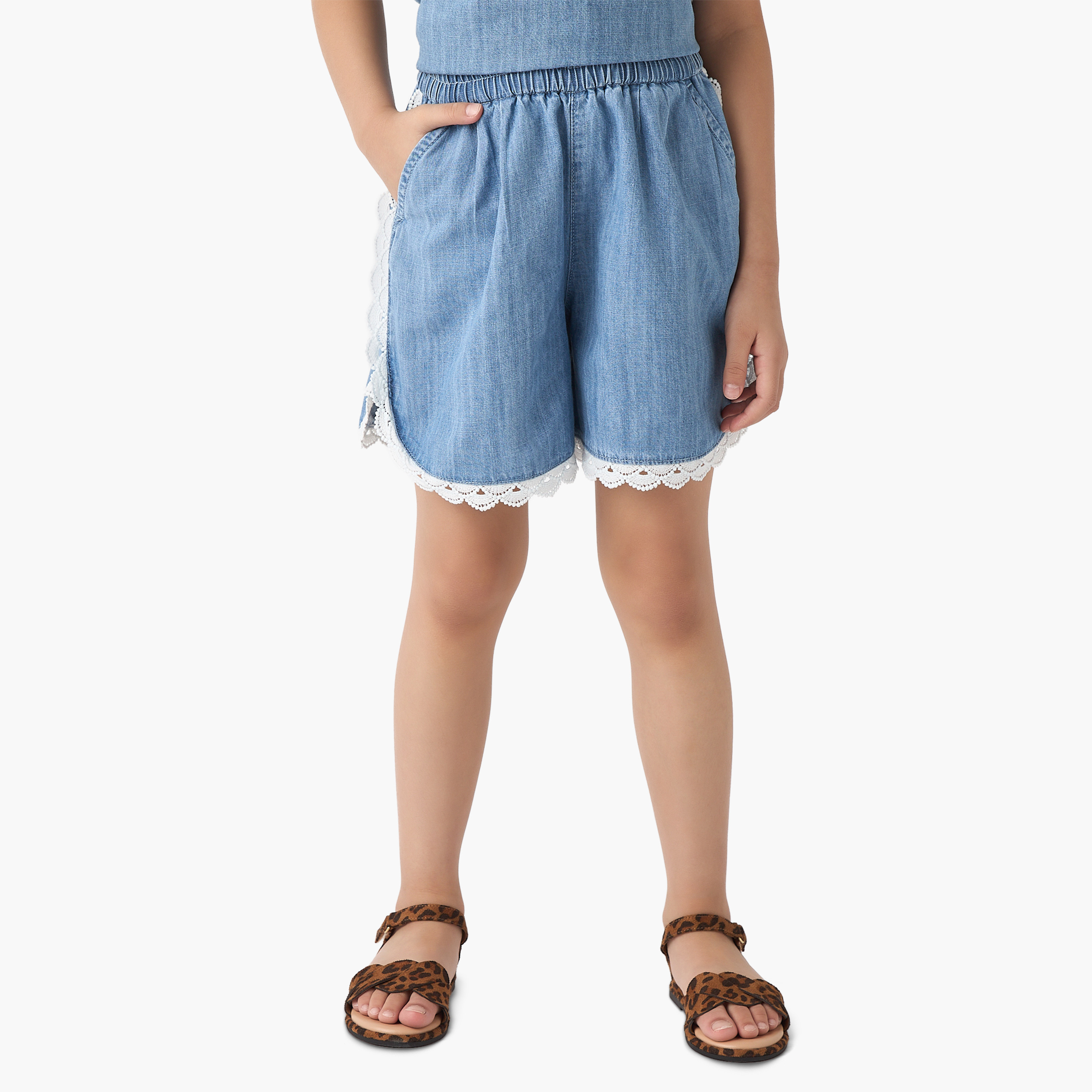 Juniors Lace Trim Denim Top and Shorts Set-girls-clothing-setsandcoords-image-3
