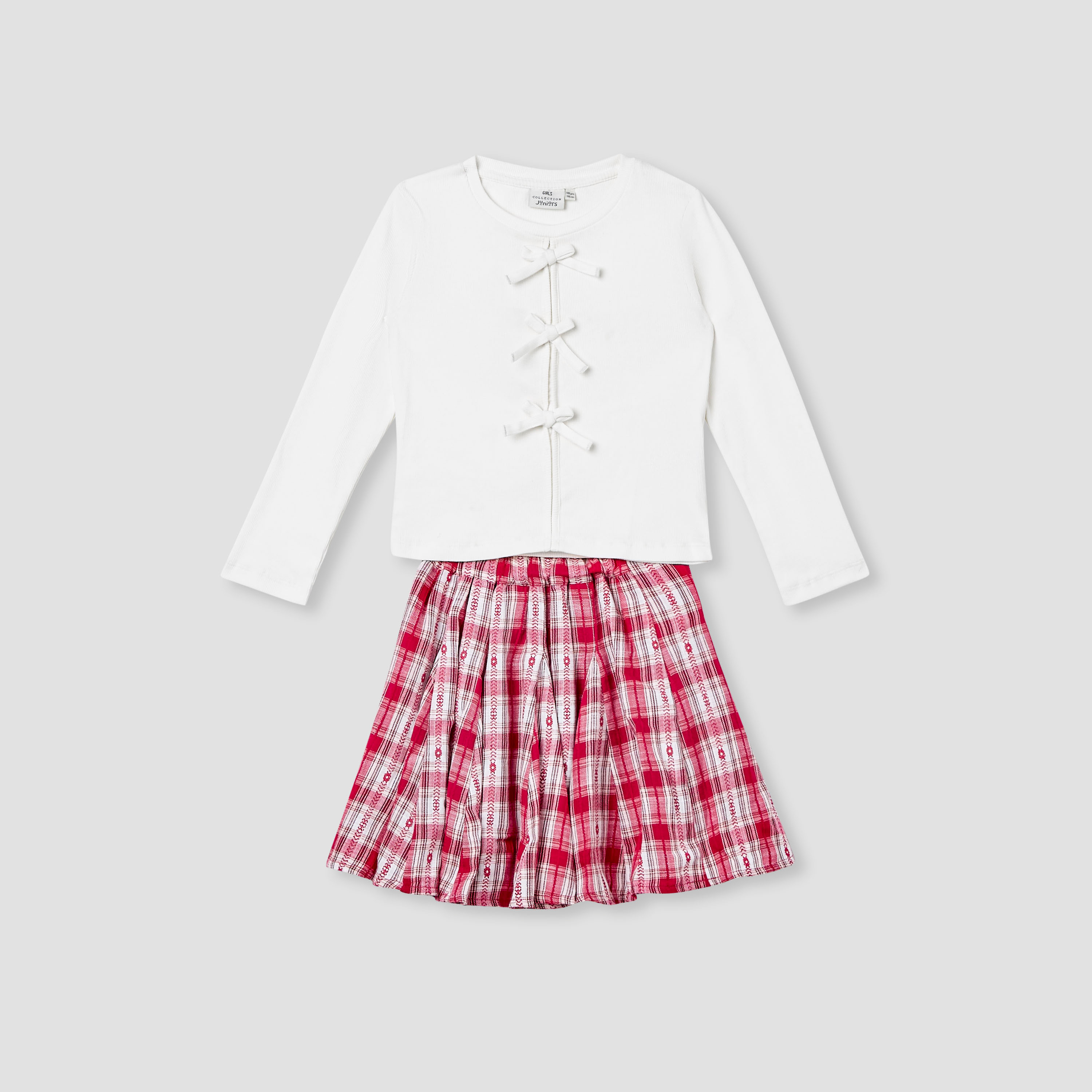 Juniors Bow Accent Top and Checked Skirt Set-baby-girls-clothing-setsandcoords-image-1
