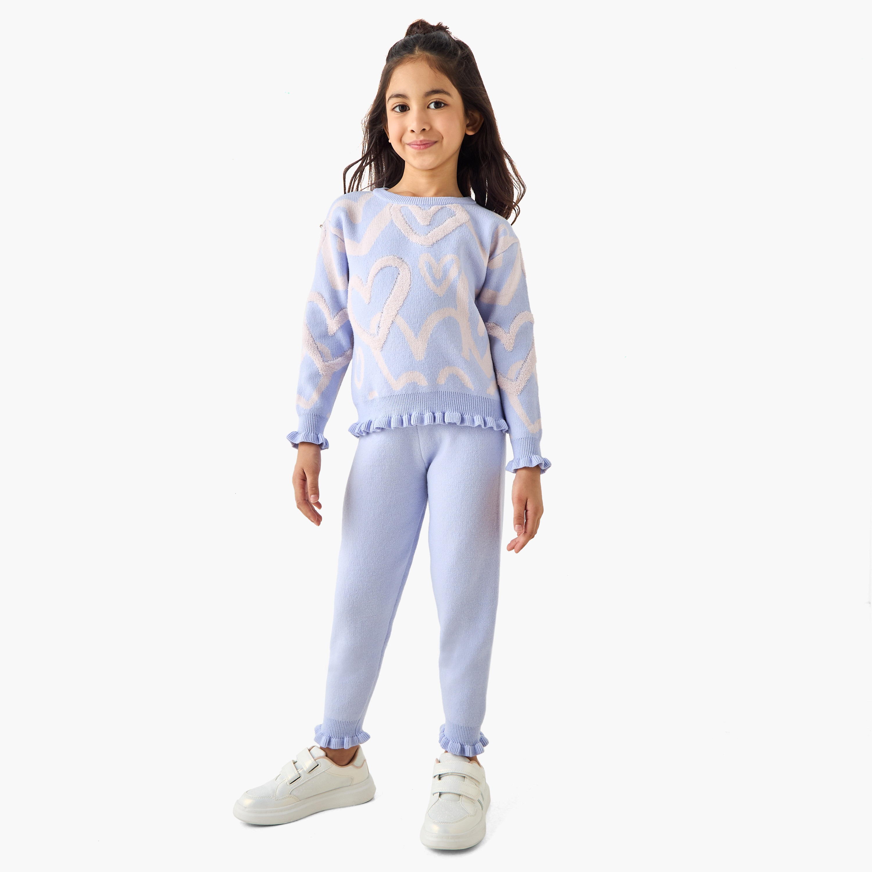 Juniors 2-Piece Girls Set - Polyester - Round Neck Pullover, Joggers - Heart Print-girls-clothing-winterwear-setsandcoords-image-1