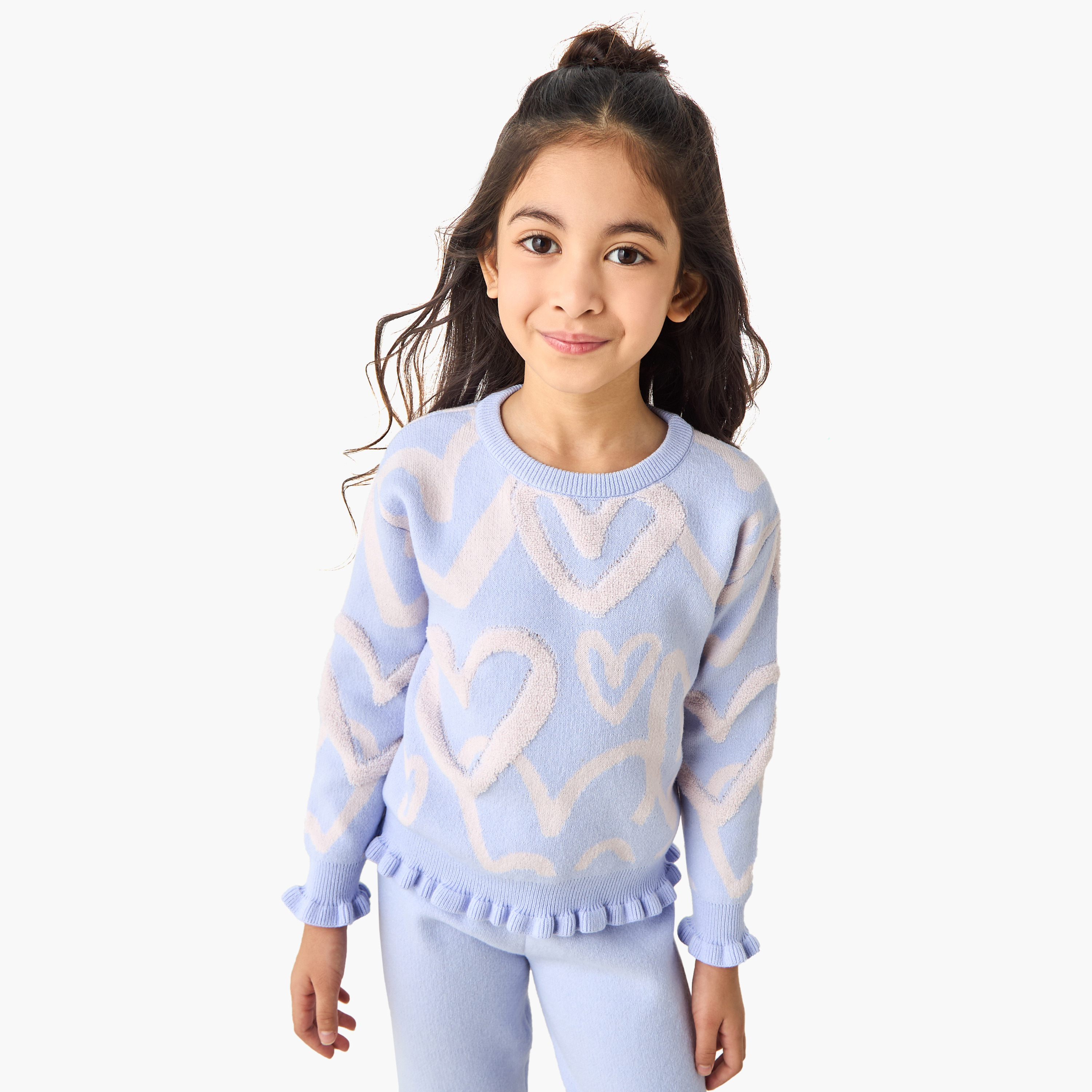 Juniors 2-Piece Girls Set - Polyester - Round Neck Pullover, Joggers - Heart Print-girls-clothing-winterwear-setsandcoords-image-2
